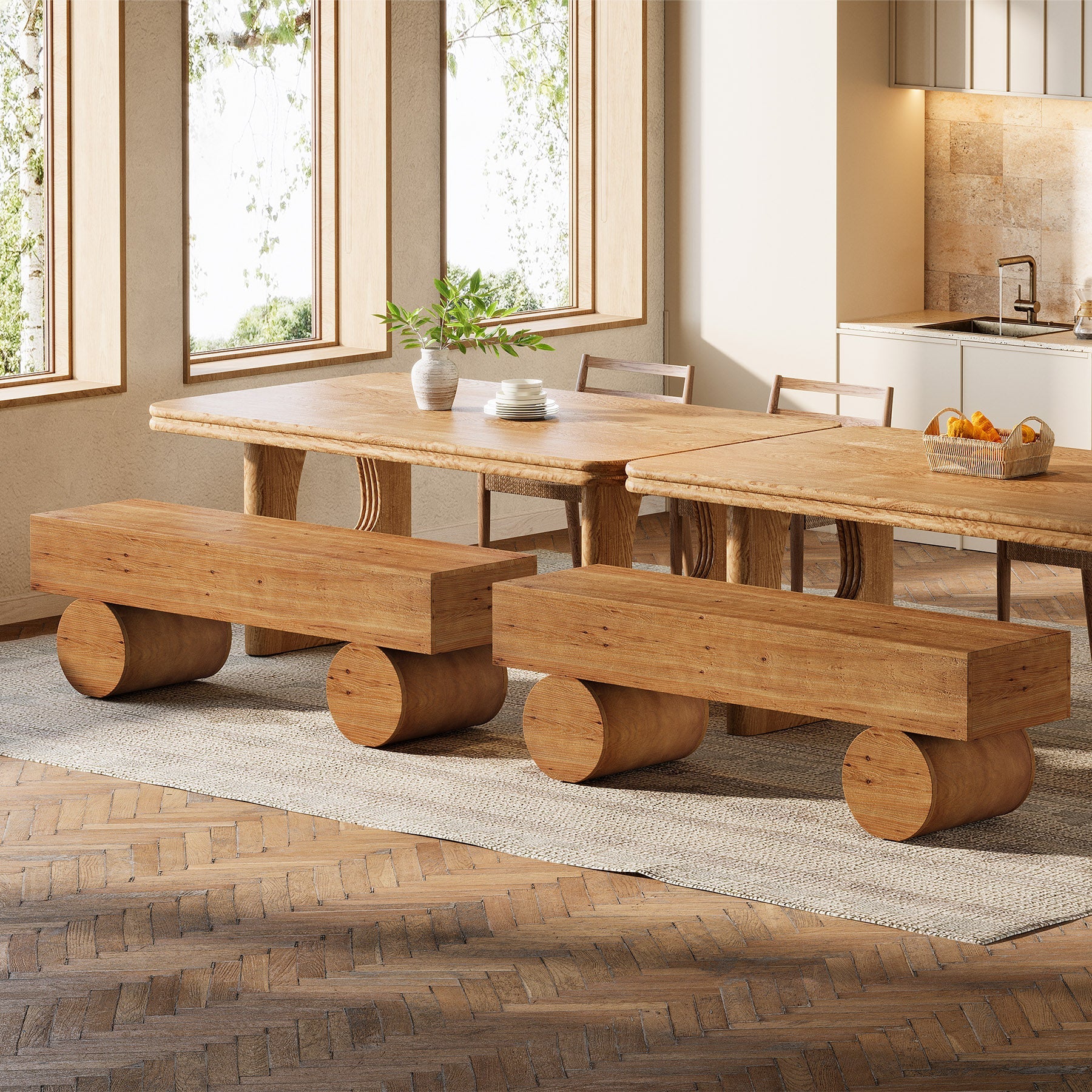 59" Farmhouse Dining Bench, Solid Wood Kitchen Table Bench with Thickened Seat