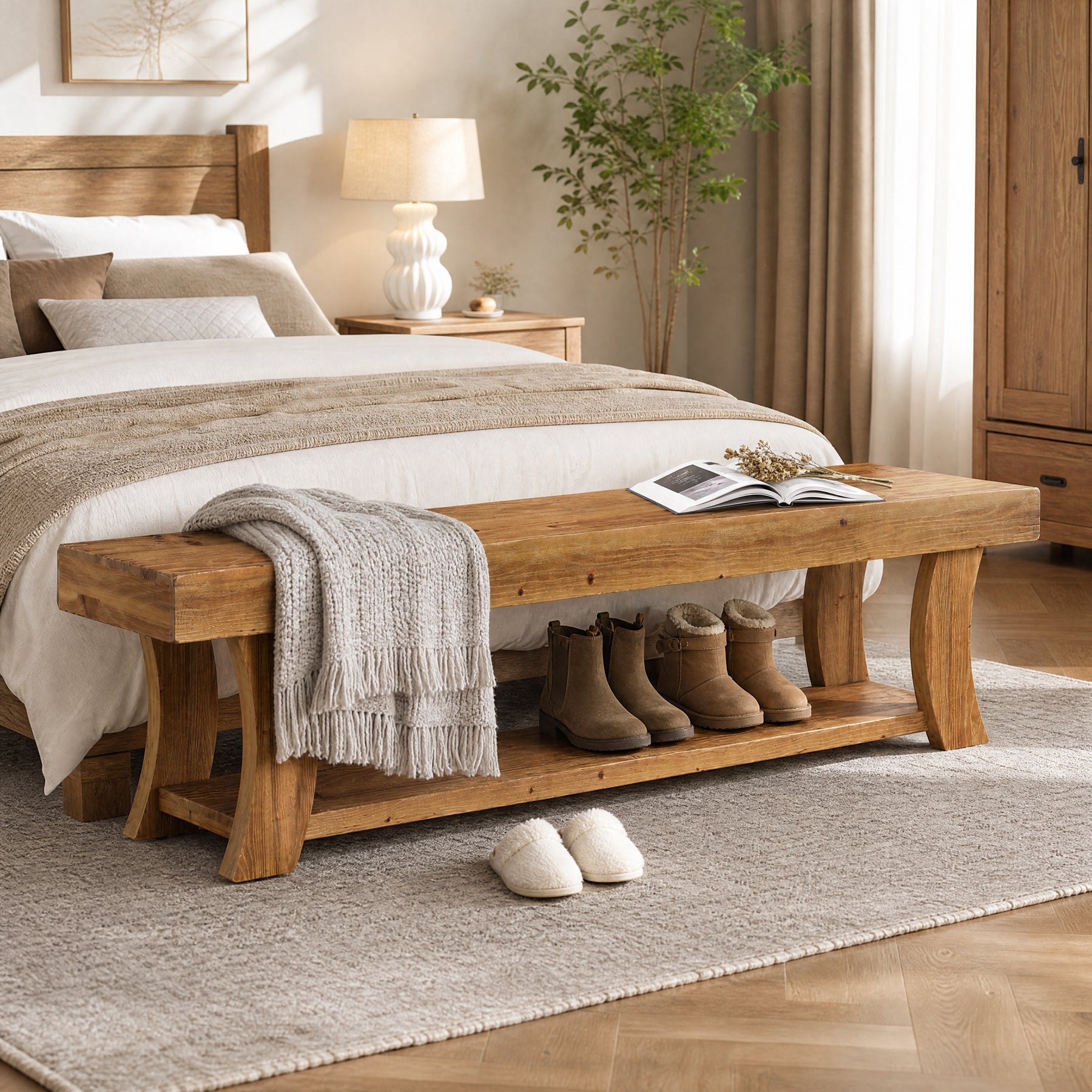 63" Solid Wood Entryway Bench, Narrow Shoe Storage Bench End of Bed Seat for Entryway
