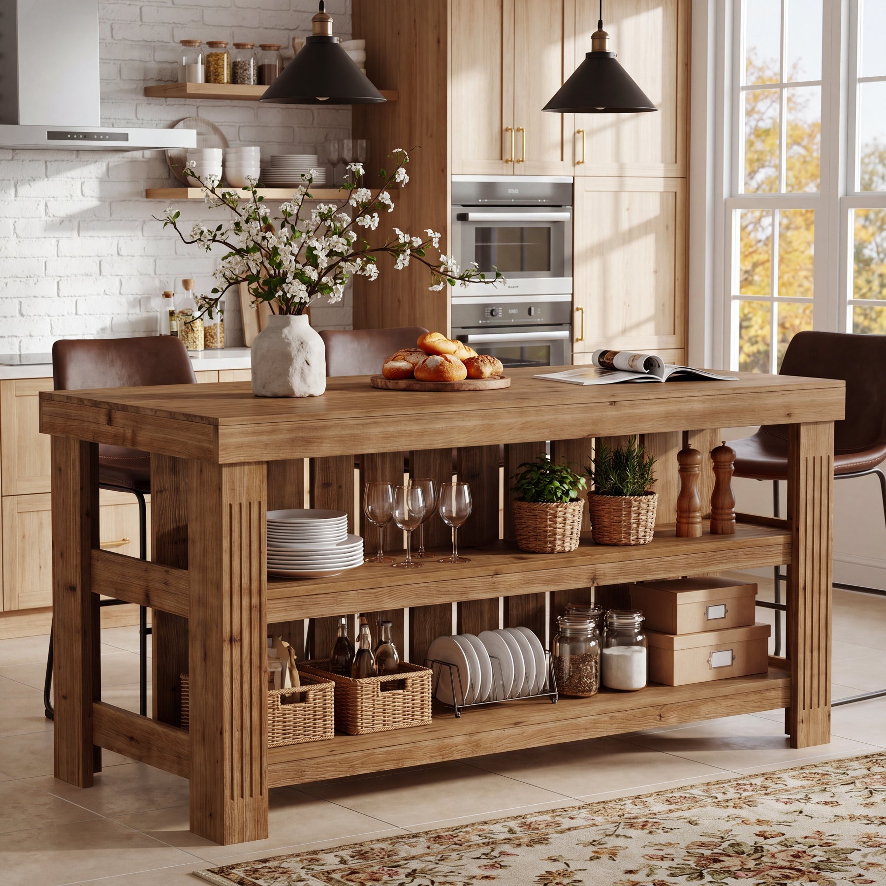 63" Solid Wood Kitchen Island, 3-Tier Farmhouse Stationary Island Table
