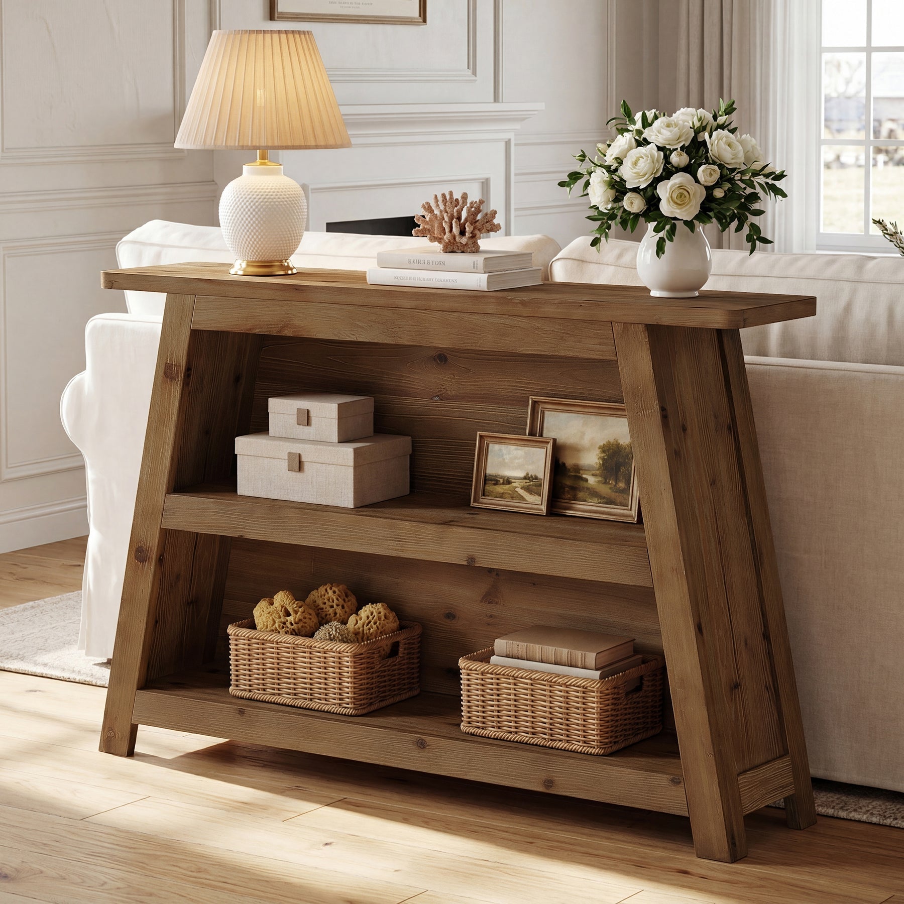 47" Solid Wood Console Table with Storage Shelves, 3-Tier Farmhouse Entryway & Sofa Table for Hallway