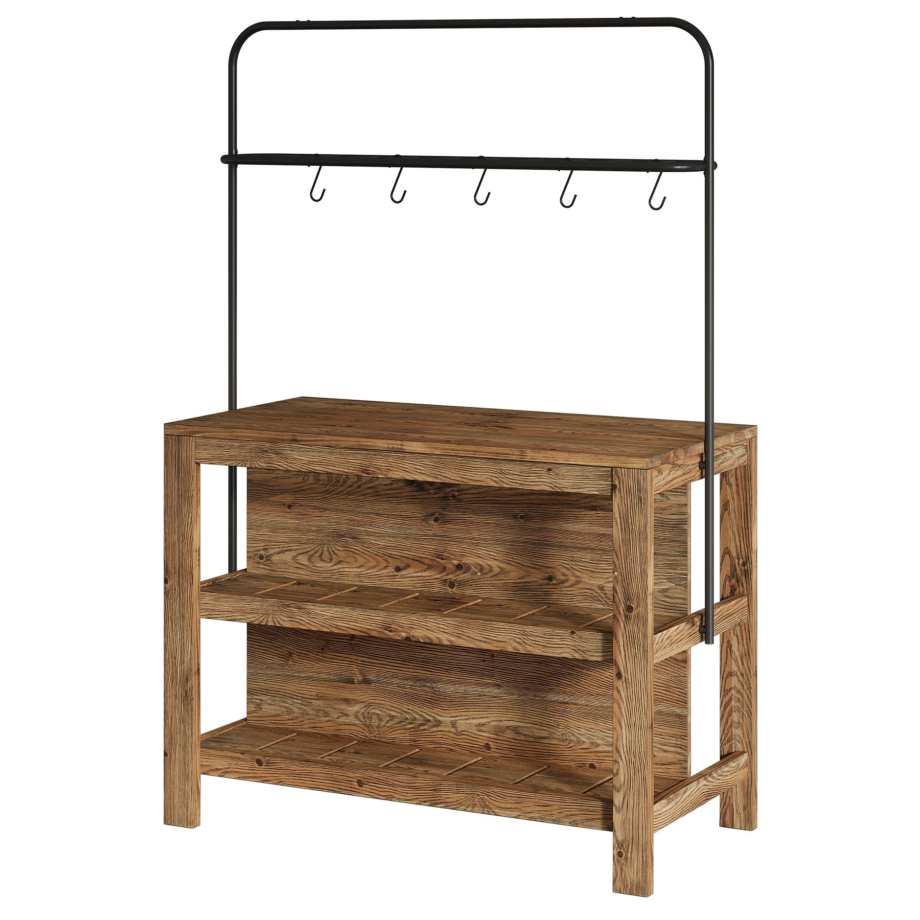 47" Solid Wood Bar Table, 3-Tier Home Bar Unit with Storage Shelves & 5 Hooks