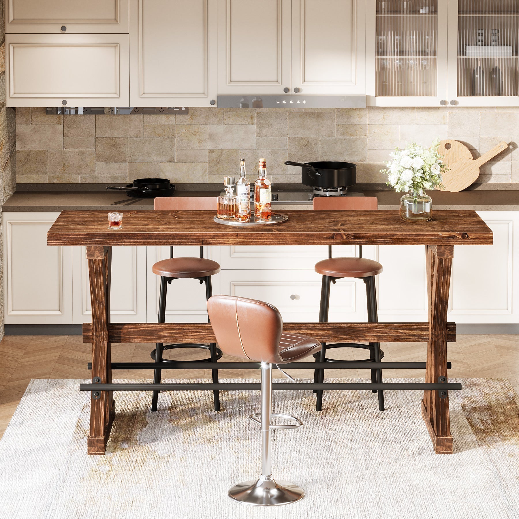 Solid Wood Bar Table, Rectangular Counter Height Pub Table With X-Base