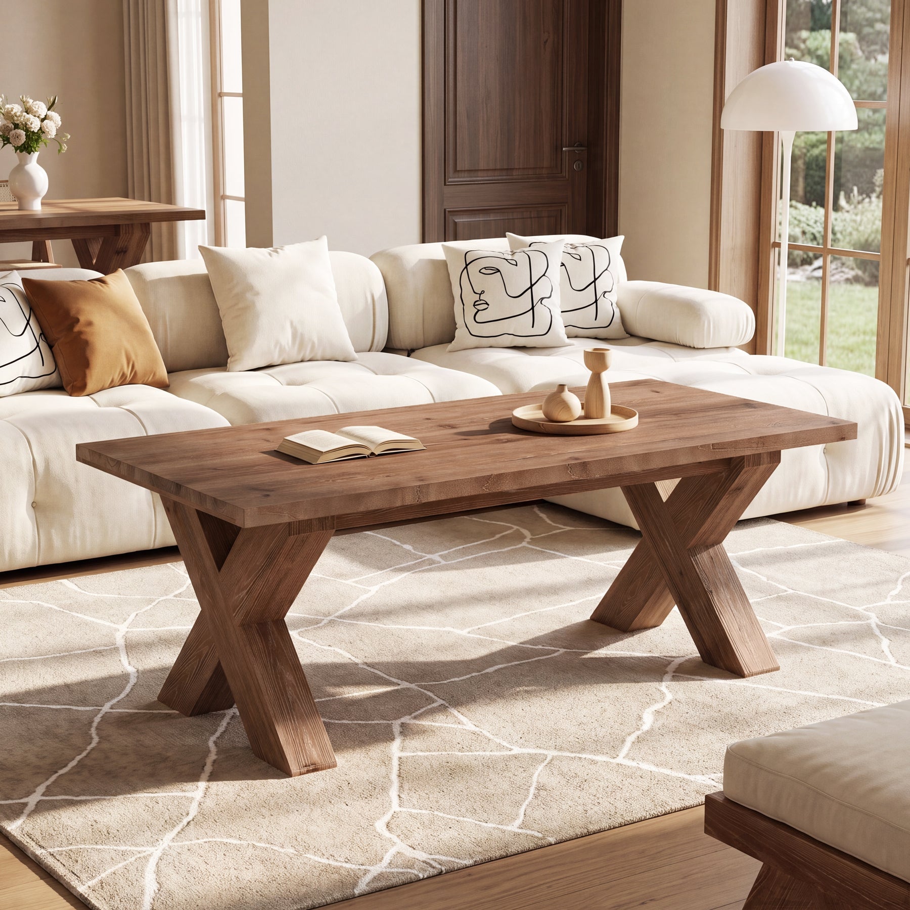 47" Solid Wood Coffee Table, Rectangular Cocktail Tea Table with X-shaped Legs for Living Room