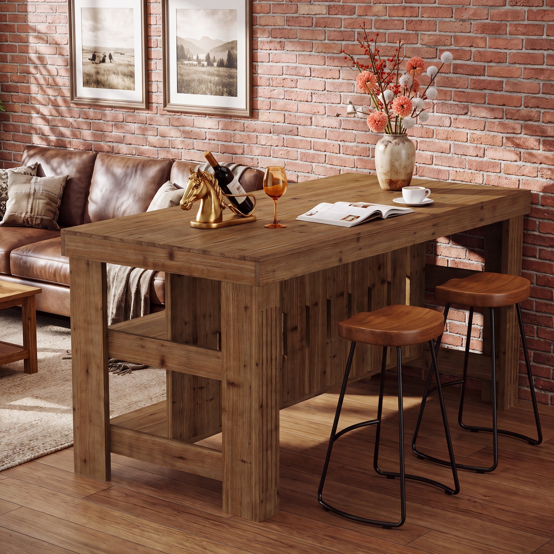 63" Solid Wood Bar Table, 3-Tier High Top Table with Large Rectangle Worktop