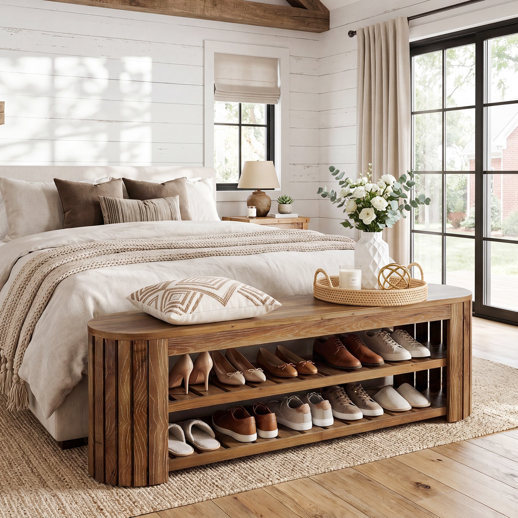 63" Solid Wood Entryway Bench, 3-Tier Window Seating with Shoe Storage