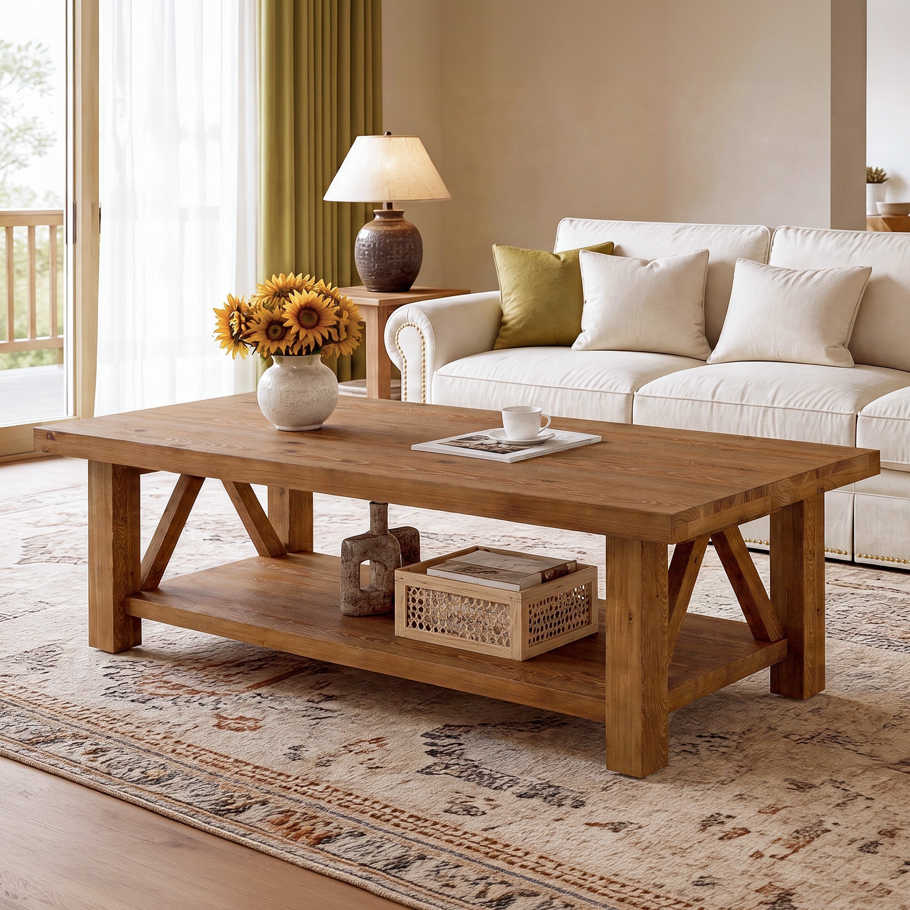 55" Rectangular Coffee Table, 2-Tier Solid Wood Center Table for Living Room