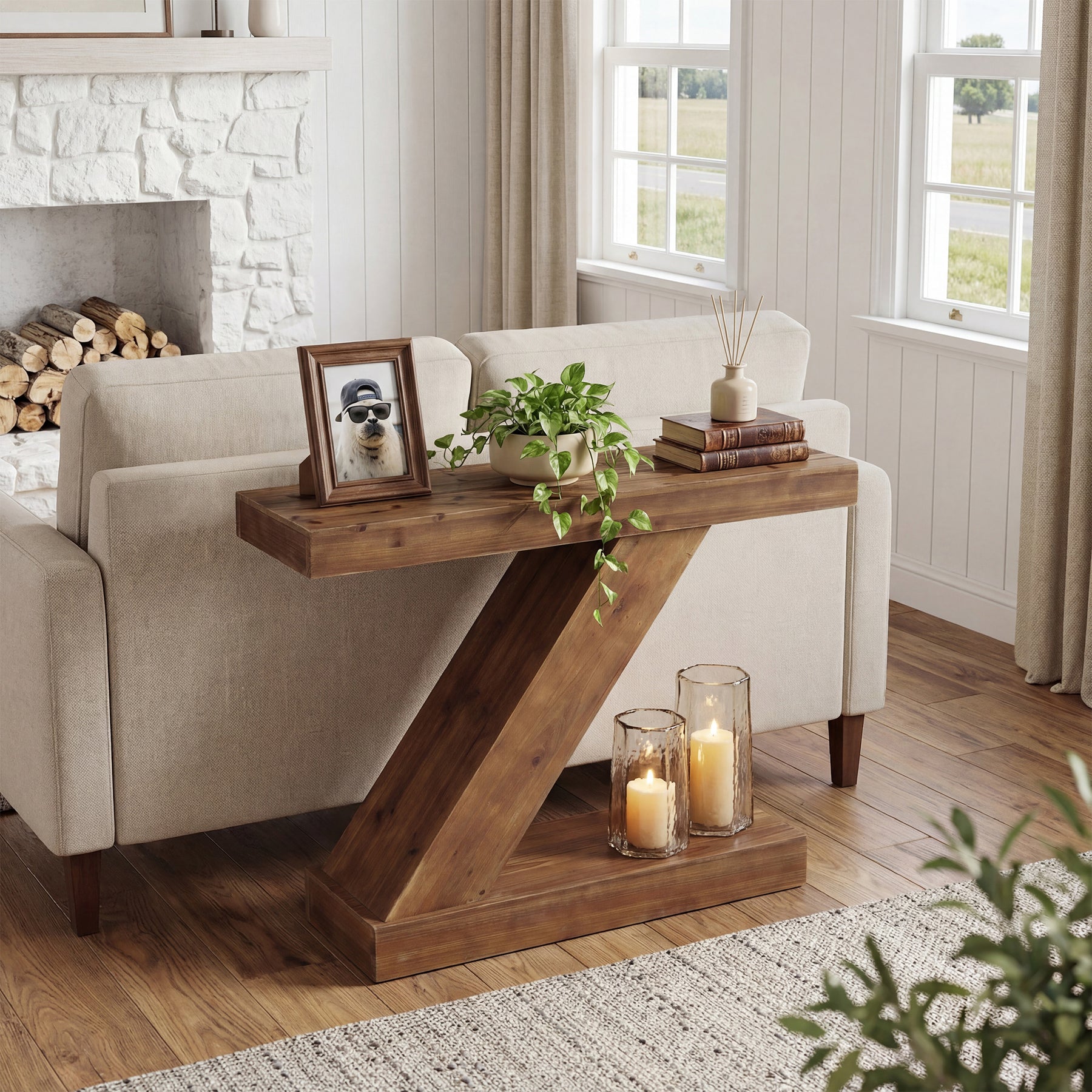 41.3” Solid Wood Z-Shape Console Table, Modern Narrow Entryway Sofa Table for Living Room or Hallway