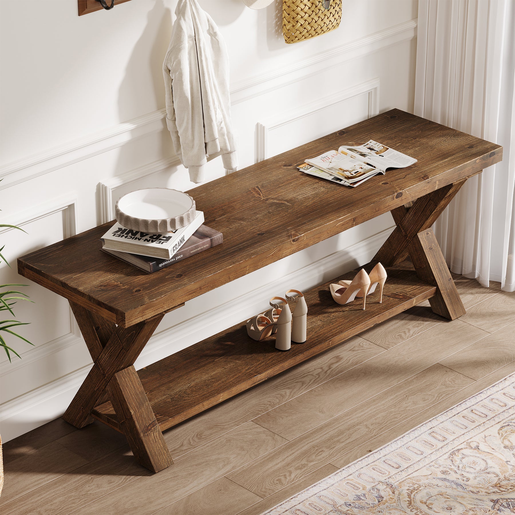 43.3" Solid Wood Bench, Farmhouse Entryway Bench with Storage Shelf