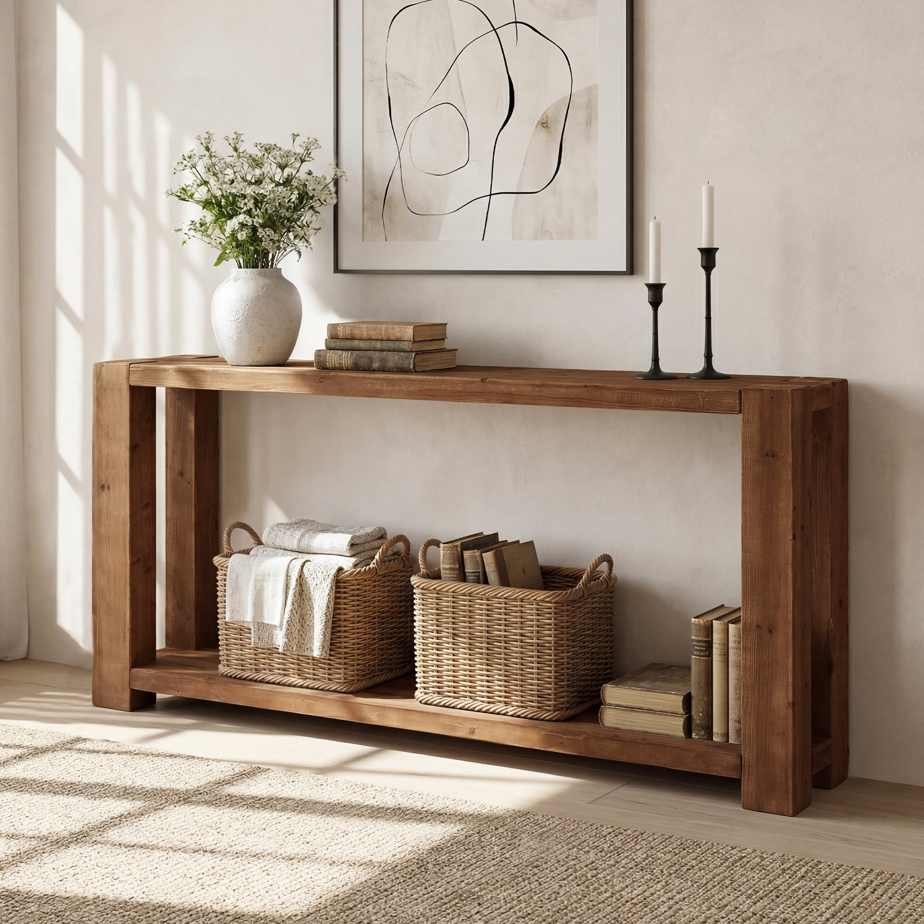 63" Solid Wood Console Table with Storage Shelf, Farmhouse Entryway Sofa Table for Hallway & Living Room