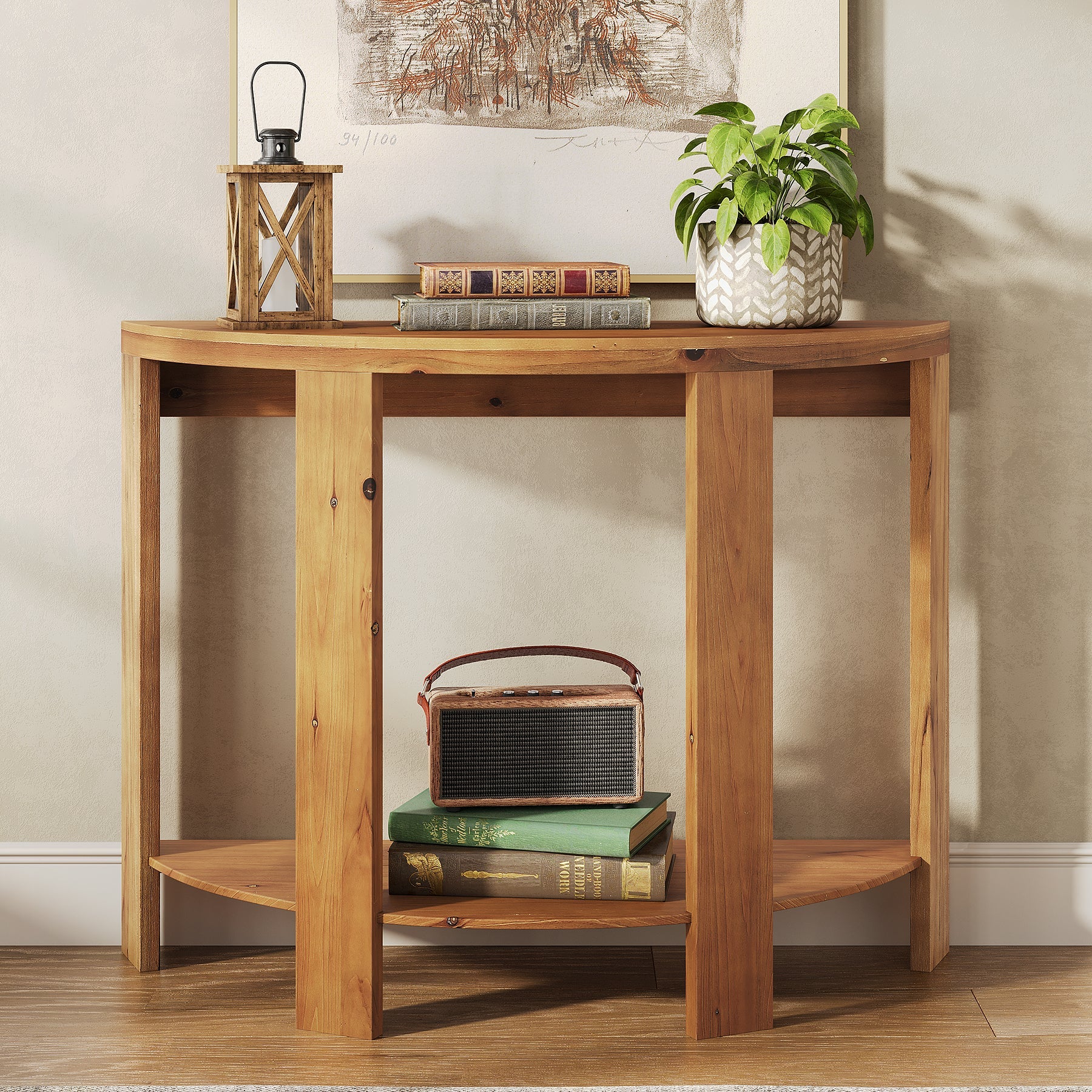 Solid Wood Console Table, Half-Moon 41.3" Hallway Table with 2-Tier Storage
