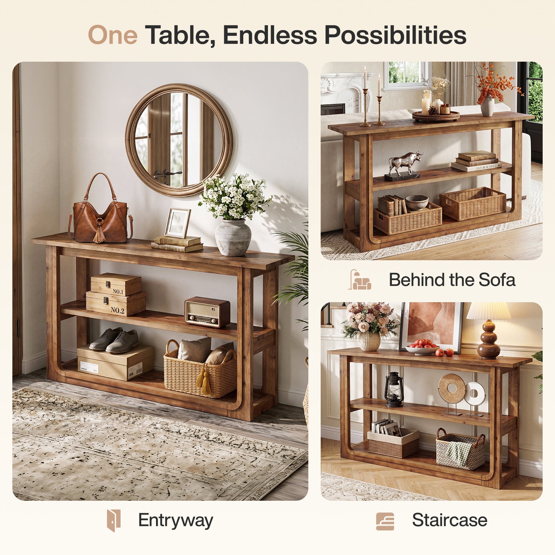 55" Solid Wood Console Table, 3-Tier Farmhouse Accent Sofa Table for Entryway