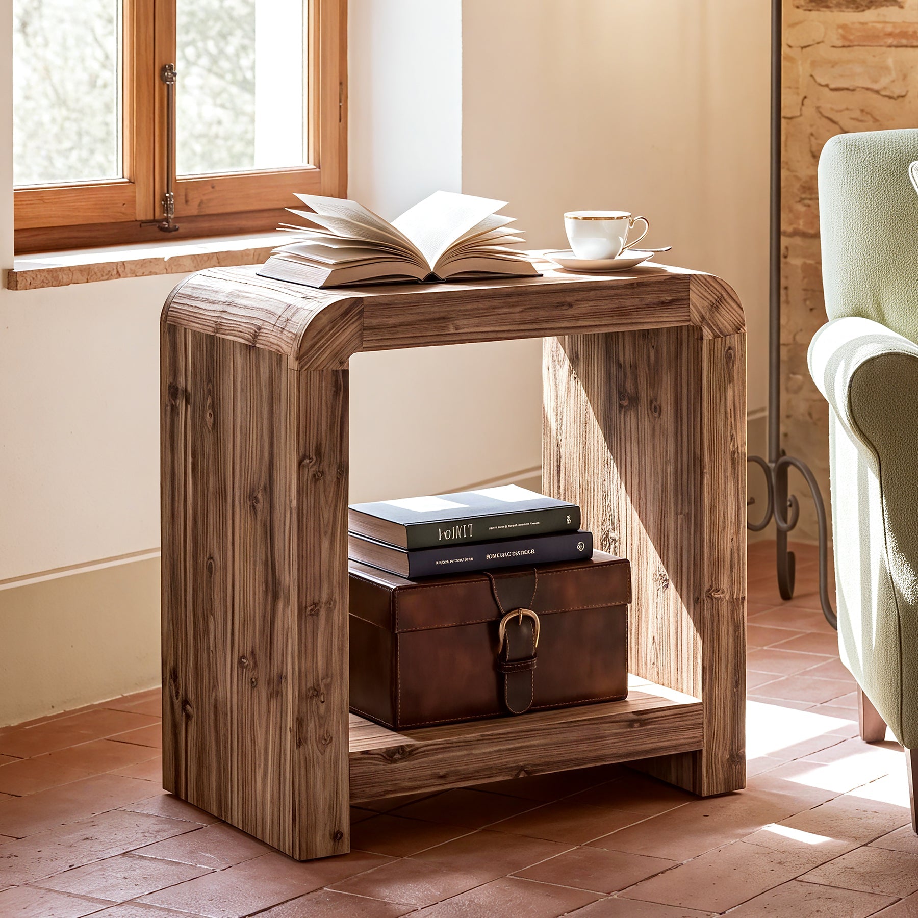 23.62" Solid Wood End Table, 2-Tier Narrow Side Table with Storage for Living Room