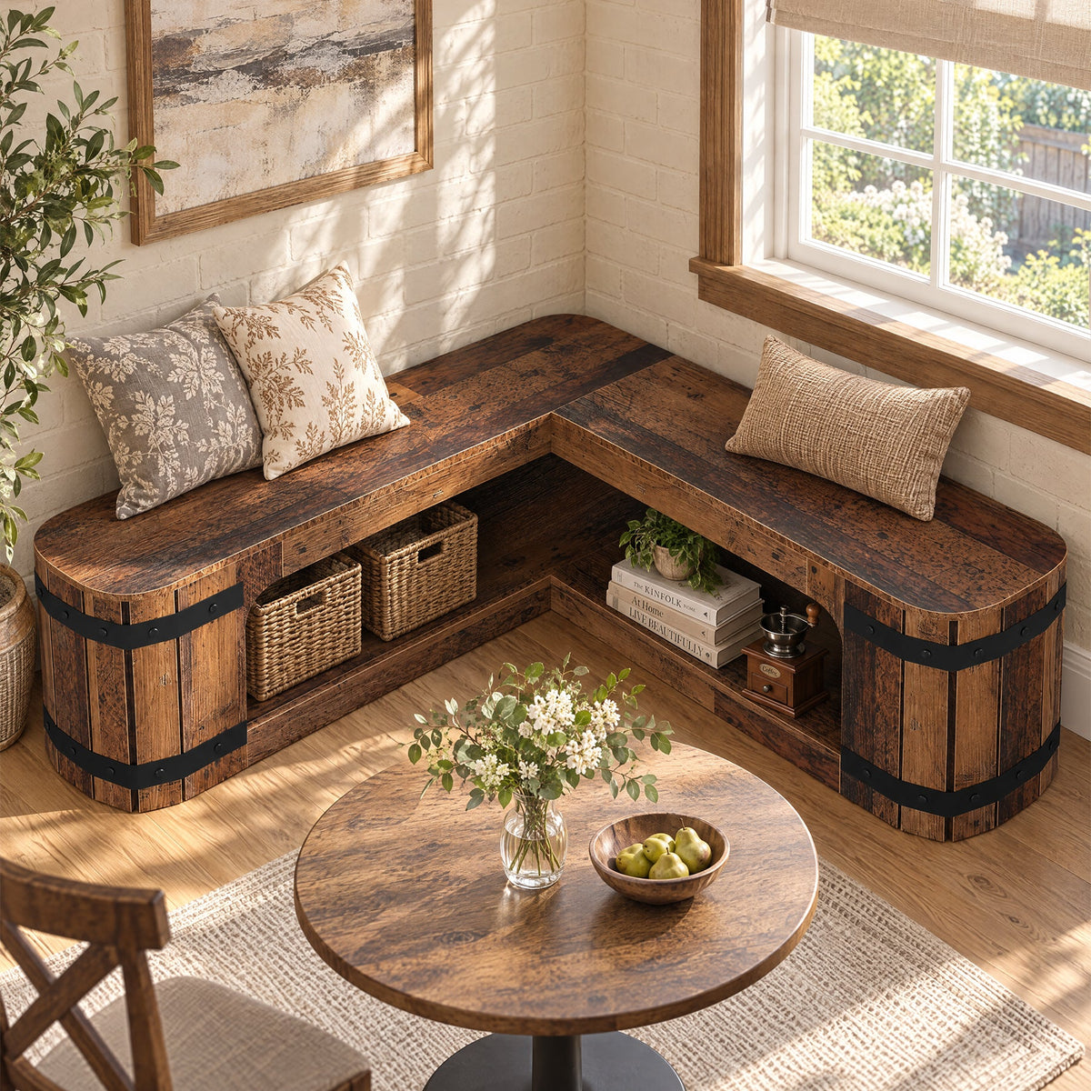 47" L-Shaped Solid Wood Shoe Storage Bench, Corner Entryway Shoe Organizer
