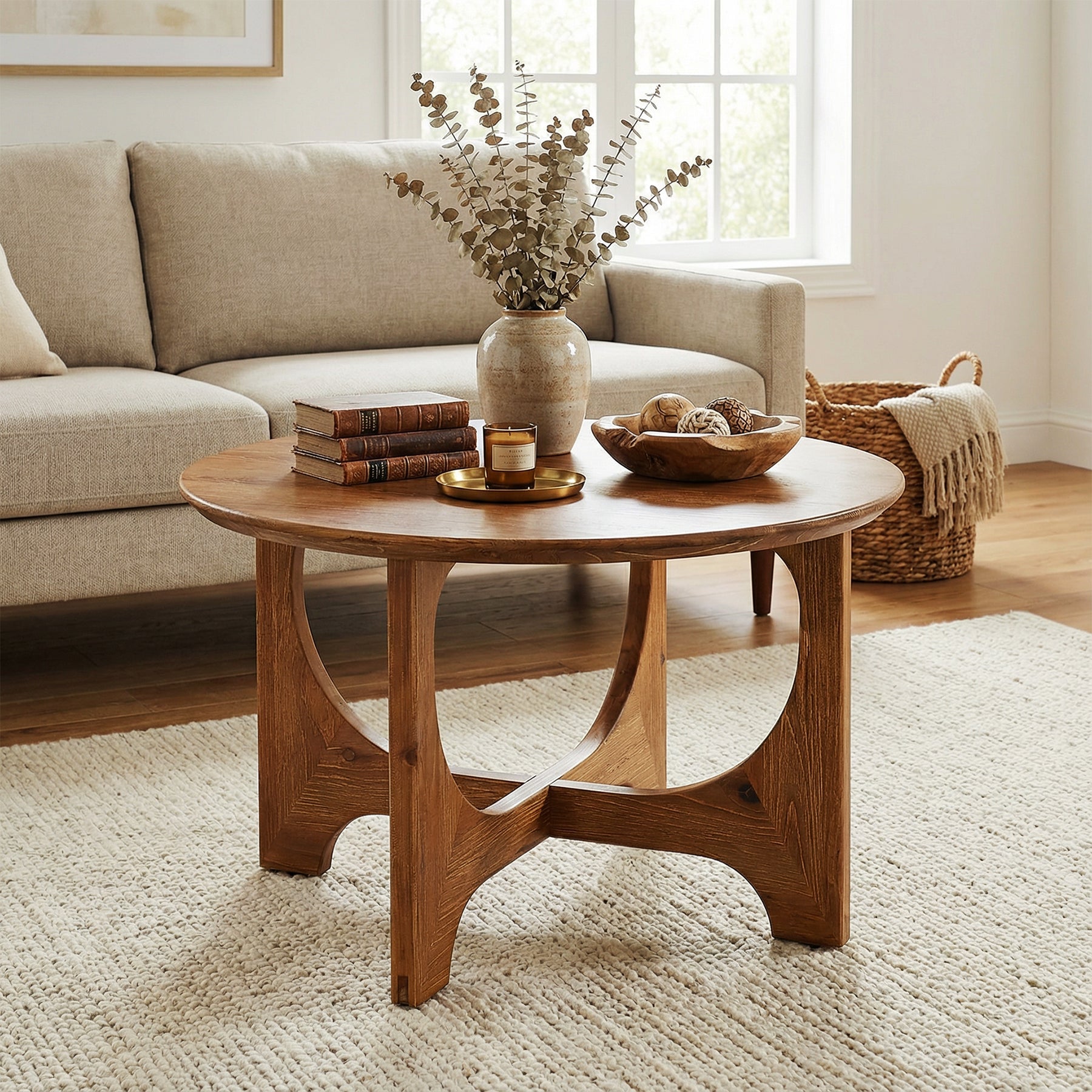 Solid Wood Coffee Table, 31.5" Round Center Table for Living Room
