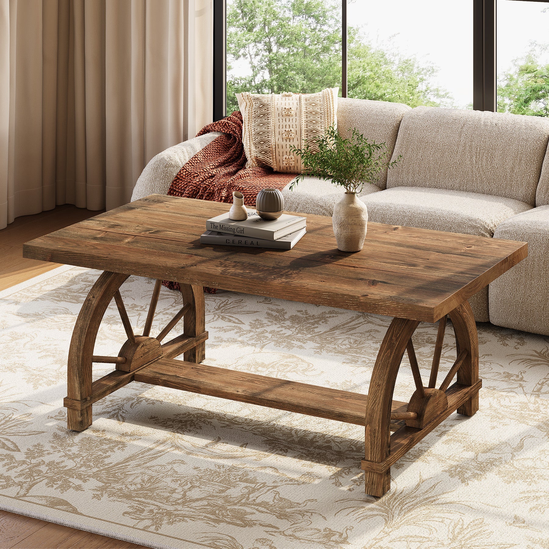 47" Solid Wood Coffee Table, Rectangular Center Table With Arched Base