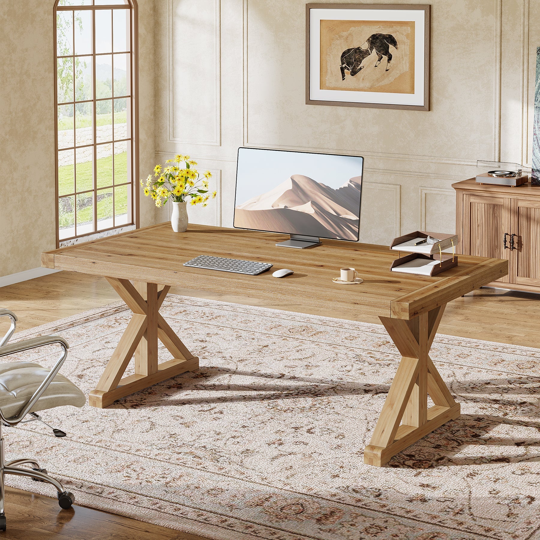 63" Rustic Computer Desk, Solid Wood Executive Desk for Office