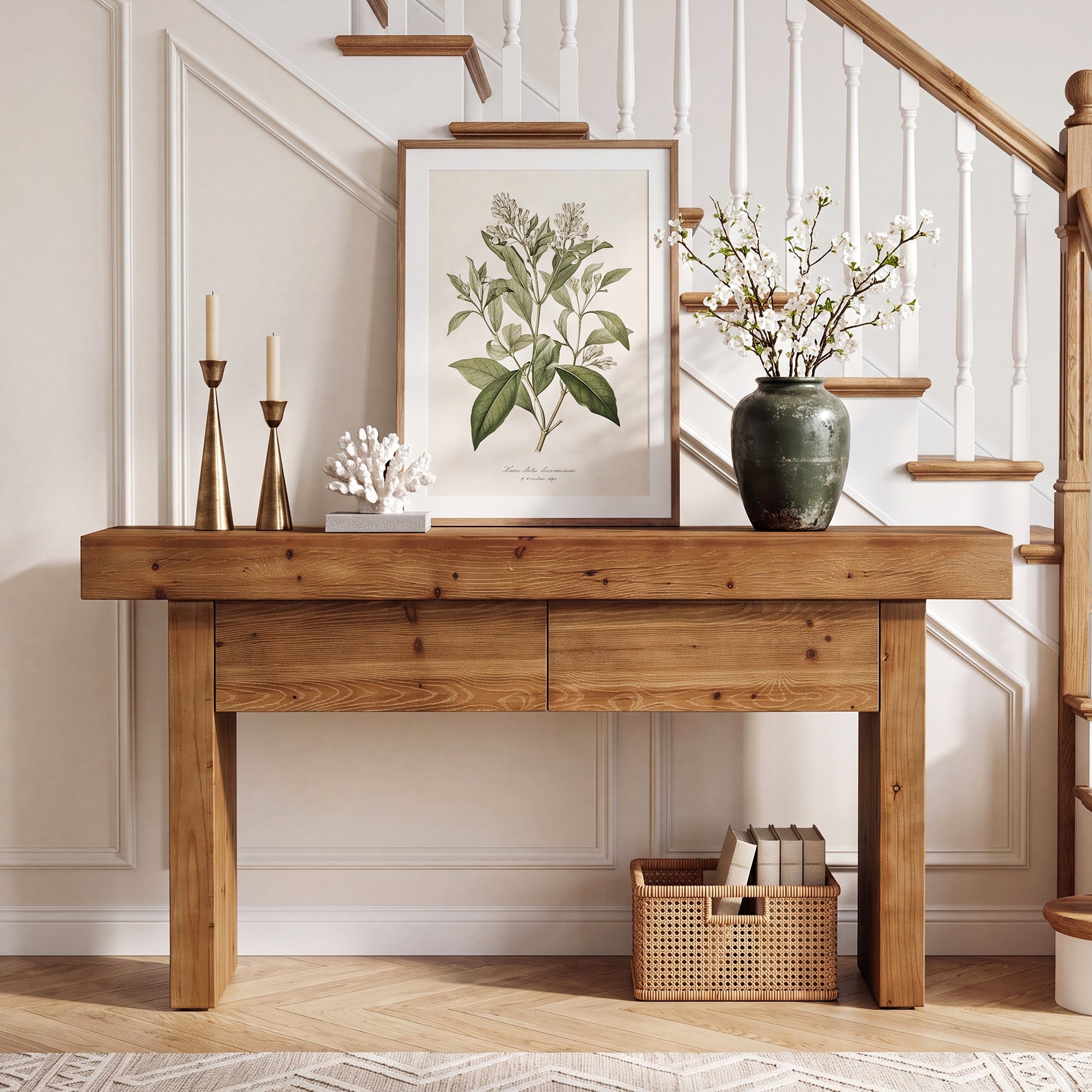 Solid Wood Console Table with 2 Drawers, 63" Farmhouse Entryway Sofa Table Behind Couch