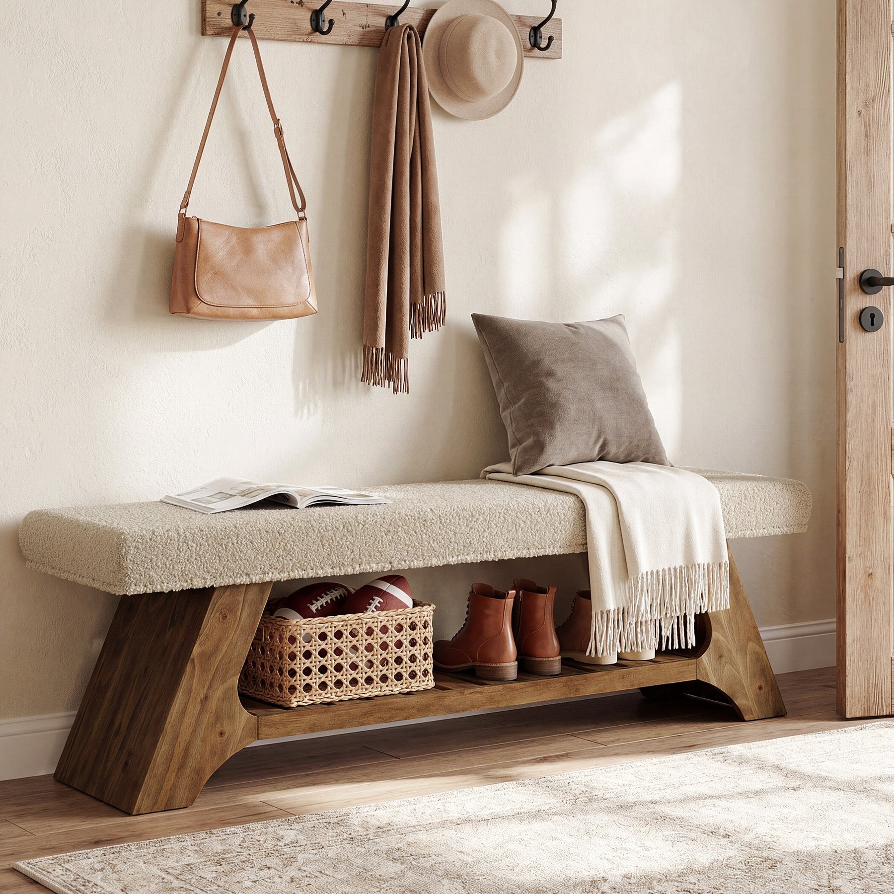55" Solid Wood Upholstered Bench, 2-Tier Entryway Shoe Storage Bench