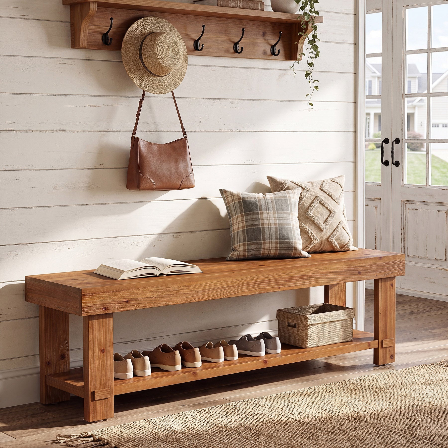 63" Solid Wood Entryway Bench, 2-Tier Shoe Bench End of Bed Bench with Storage