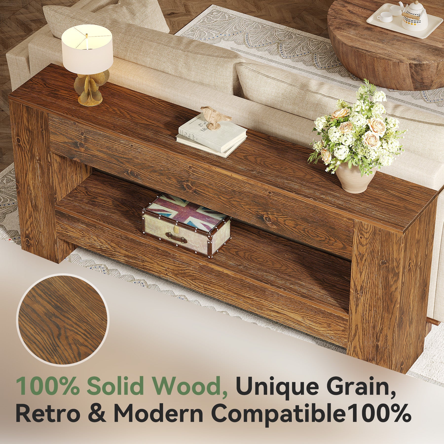 Solid Wood Console Table, 63" Farmhouse Entryway Table with 2-Tier Storage Shelf