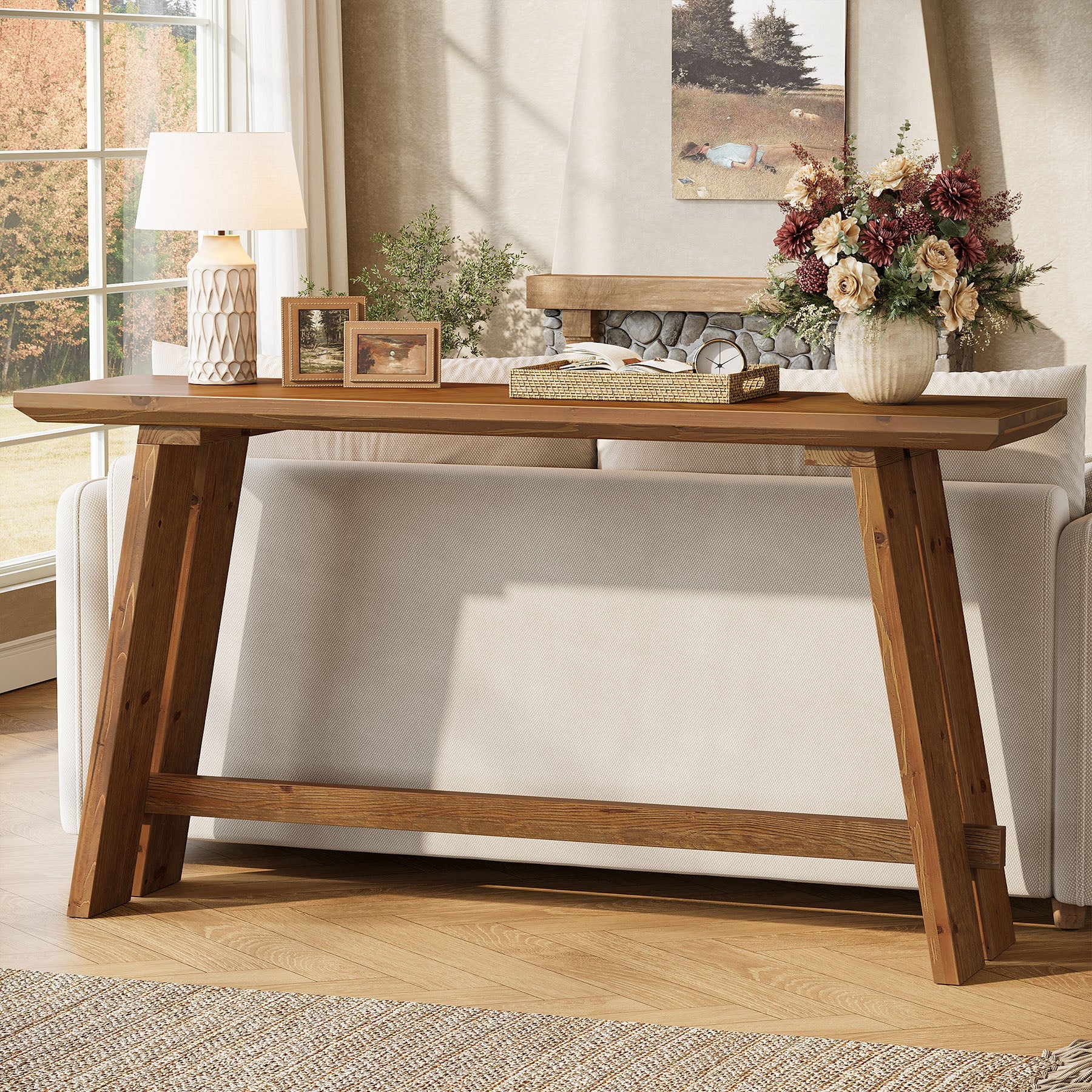 Solid Wood Console Table, 63" Farmhouse Sofa Table Behind Couch