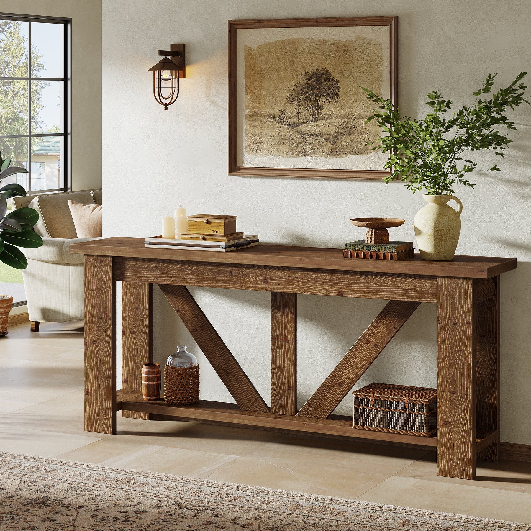 70.9" Solid Wood Console Table,  2-Tier Sofa Table Behind Couch with Storage