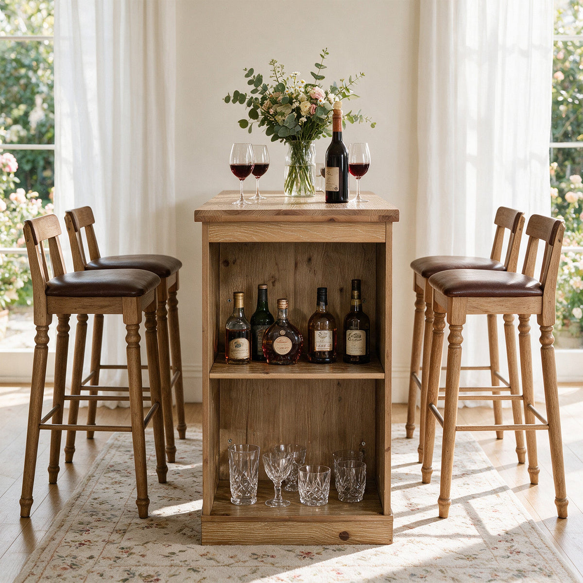 63" Counter Height Bar Table, Farmhouse Solid Wood, Rectangular with 2-Tier Storage