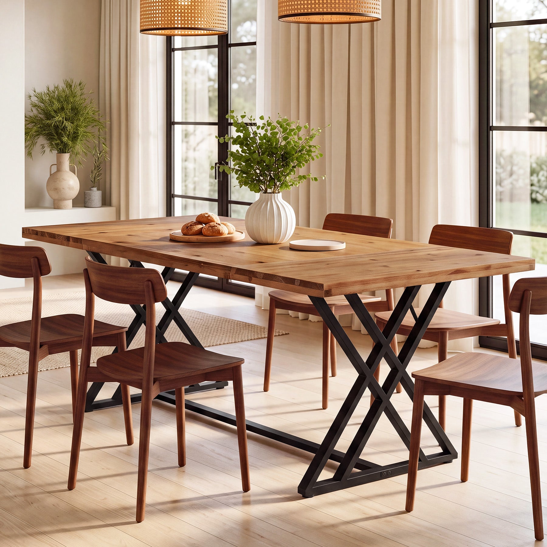 63" Solid Wood Dining Table, Rectangular Kitchen Table with X Shaped Metal Legs for 4-6
