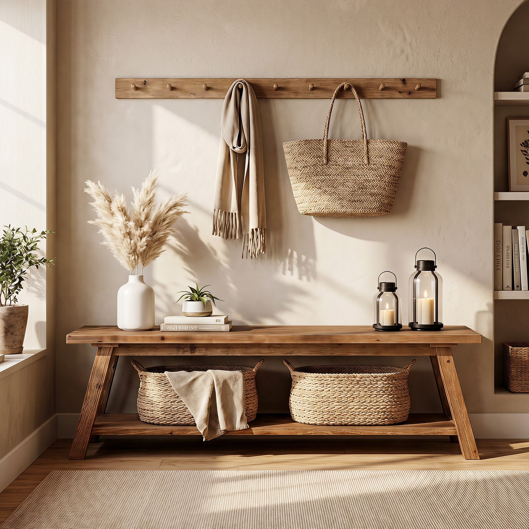 55" Solid Wood Entryway Bench, Farmhouse Shoe Seating with Storage
