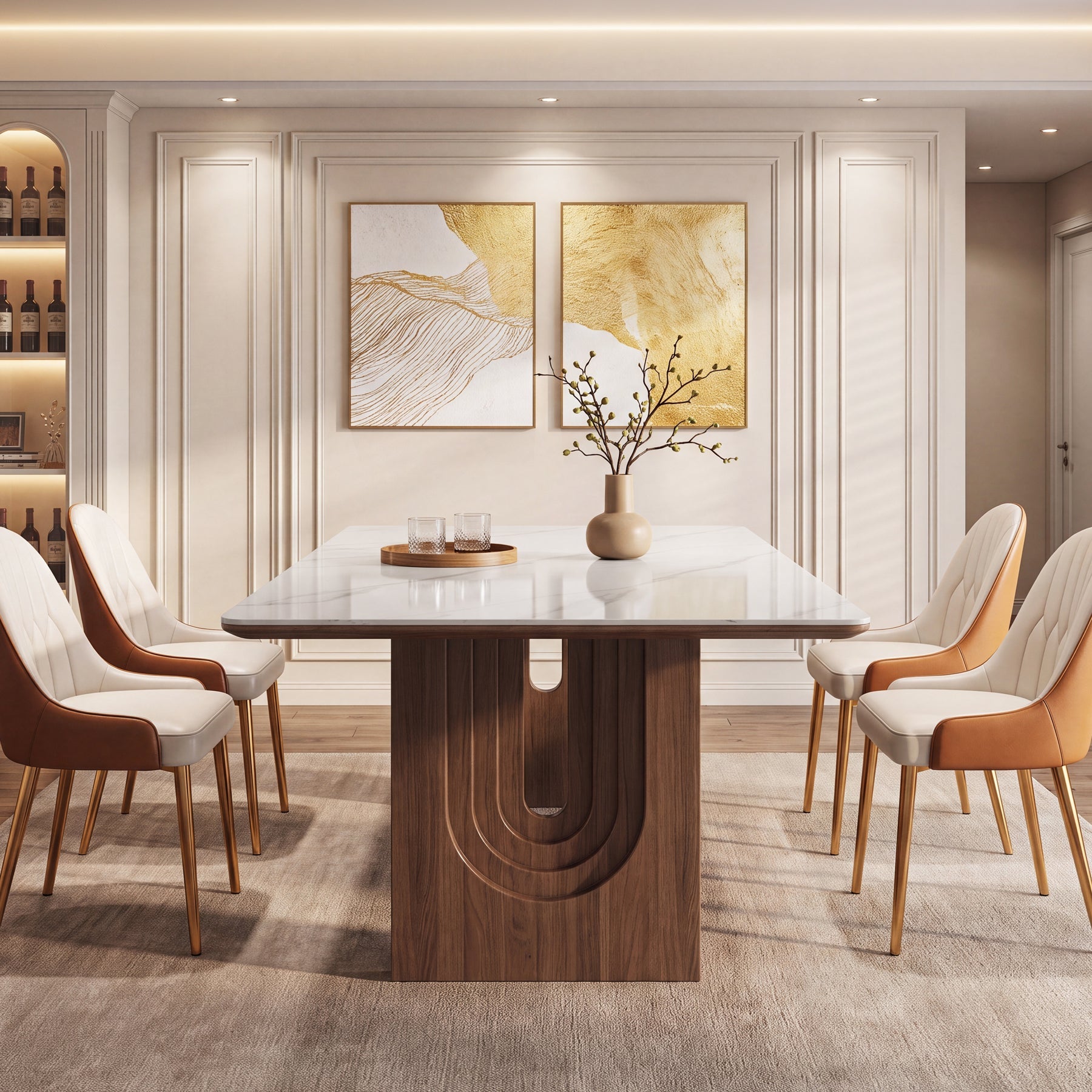 63" Sintered Stone Dining Table with Solid Wood Pedestal Double Base for 6