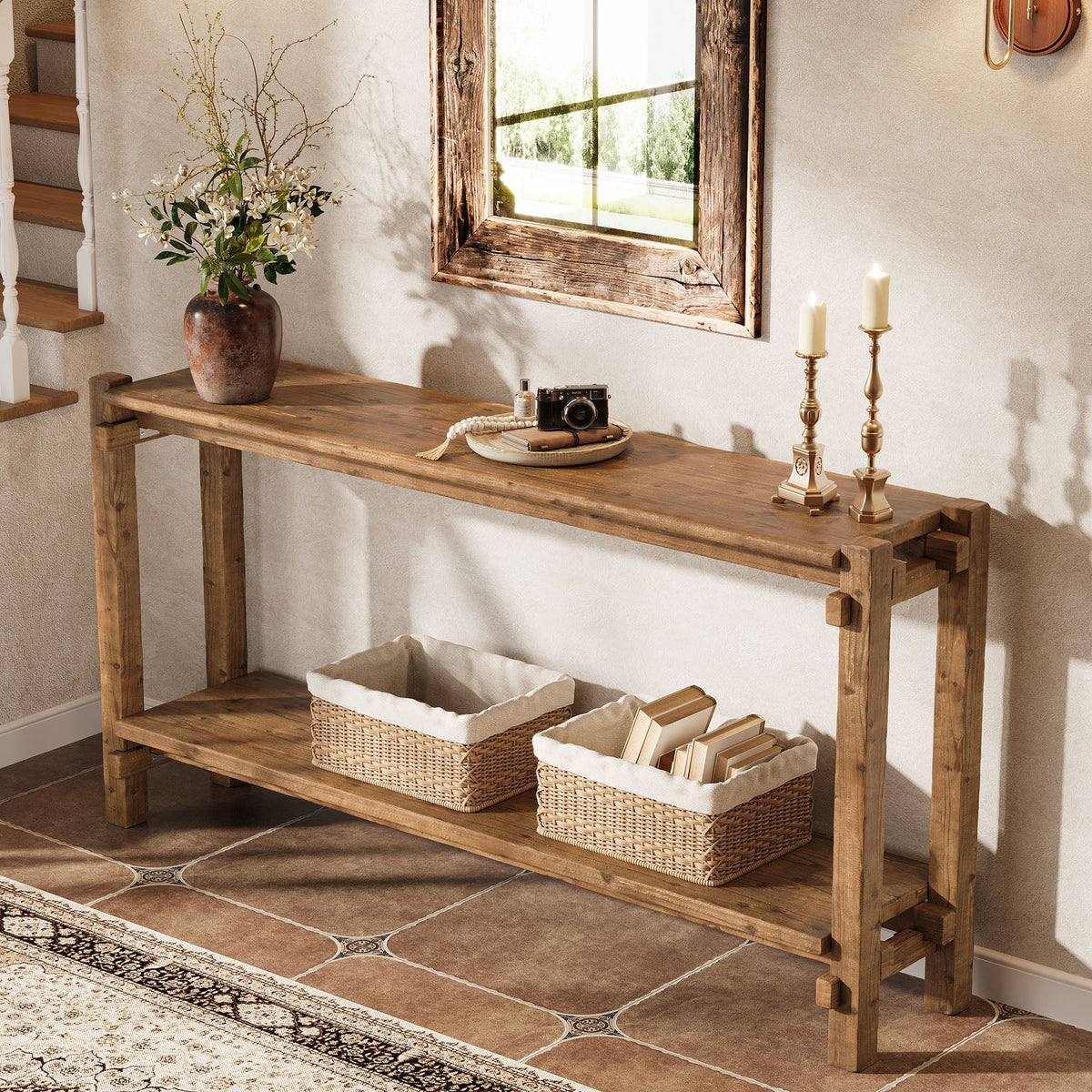 63" Solid Wood Console Table, 2 - Tier Farmhouse Entryway Table with Storage Tribesigns