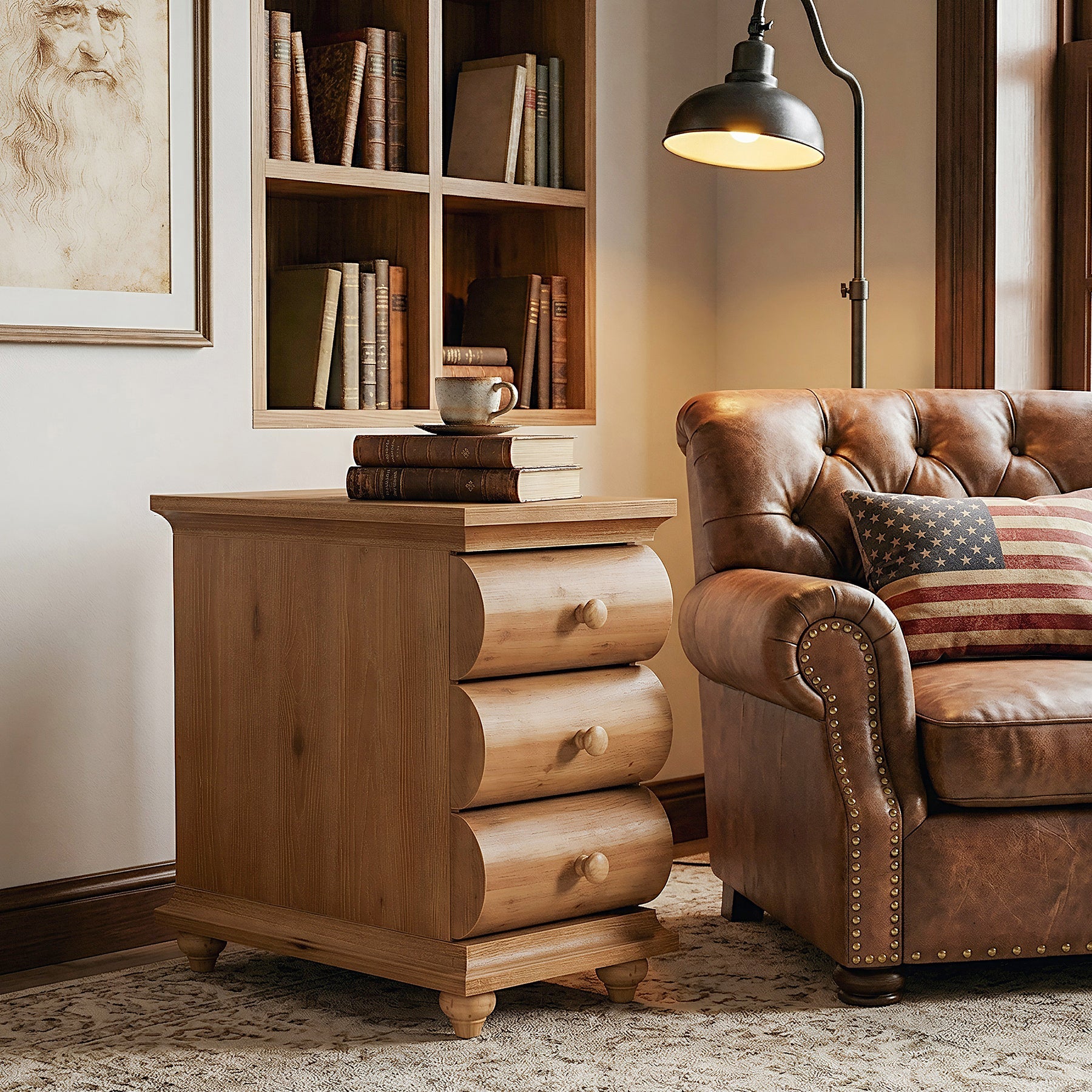 Solid Wood End Table with 3 Drawers, Narrow Side Table with Storage