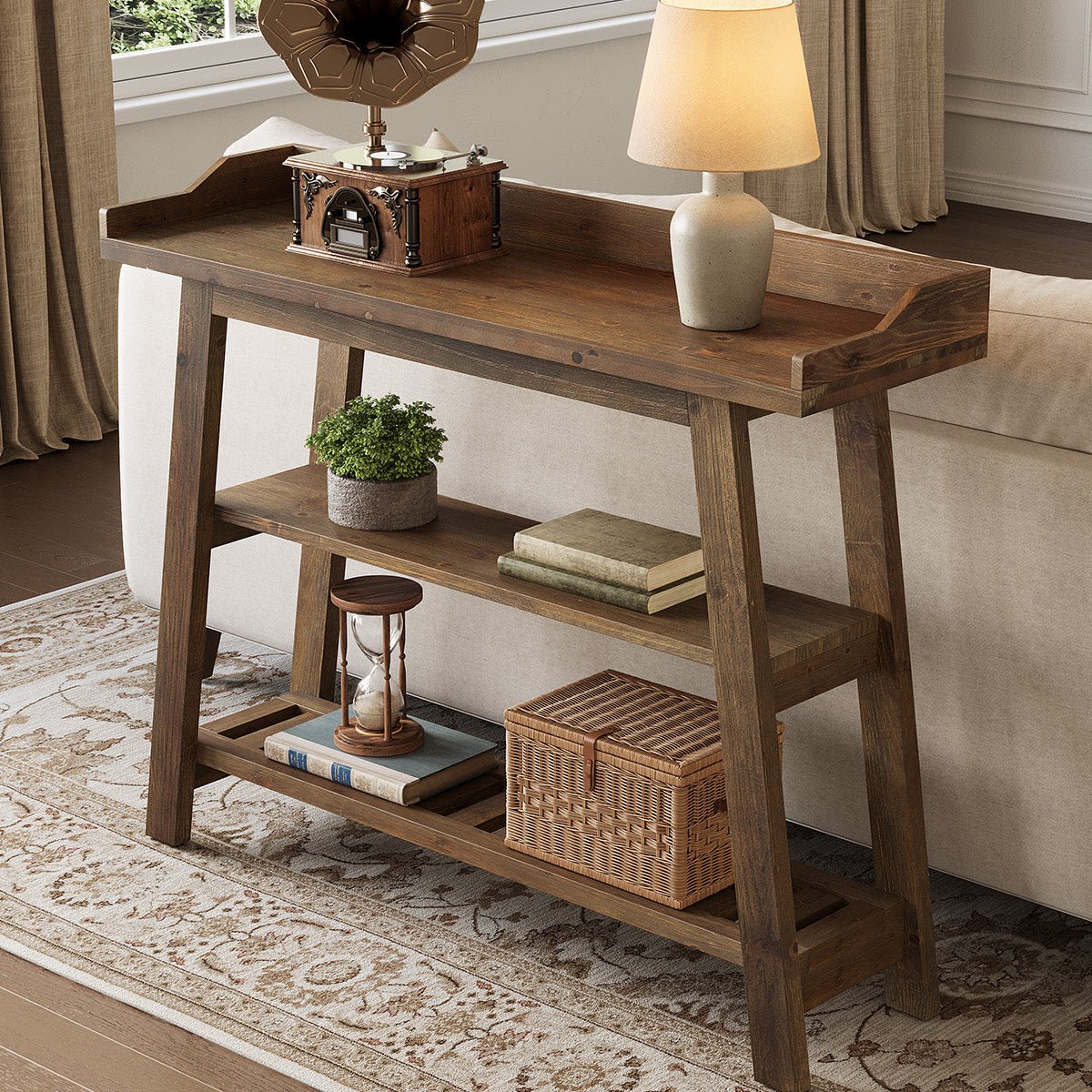 45" Solid Wood Console Table with Storage Shelves, Narrow Entryway & Sofa Table, 3-Tier Farmhouse Hallway Table for Small Spaces