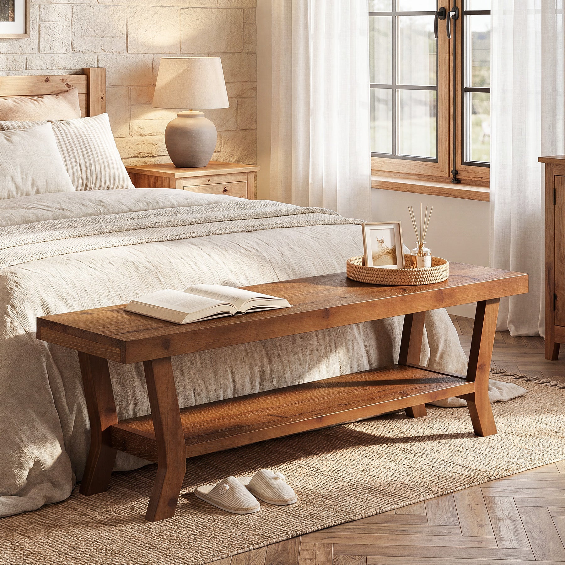 55-Inch Solid Wood Entryway Bench with Lower Shoe Shelf, Farmhouse Seat for Hallway