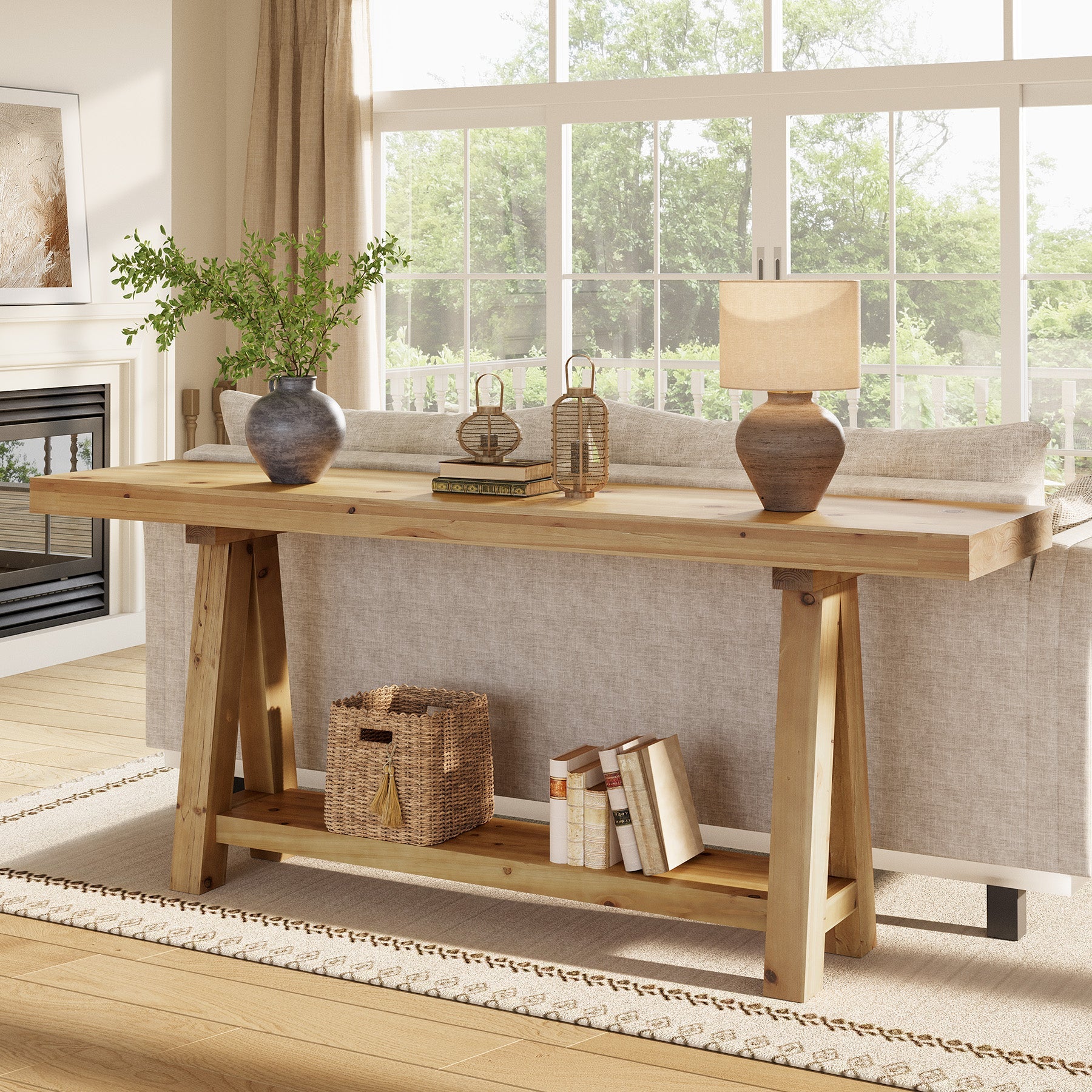 Solid Wood Console Table, 70.87" Sofa Table with Shelves for Entryway