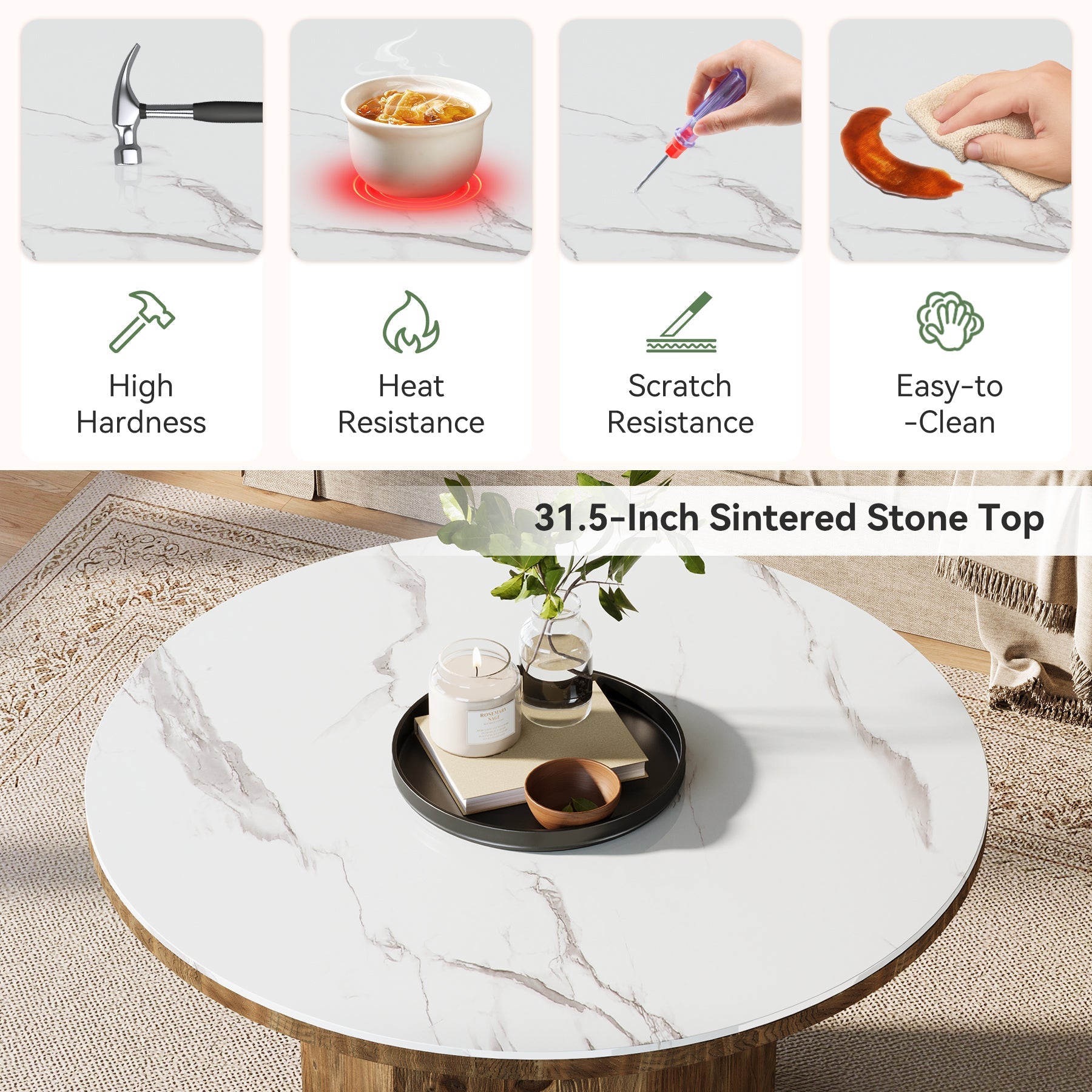 31.5" Round Coffee Table with Sintered Stone Top and Solid Wood Base