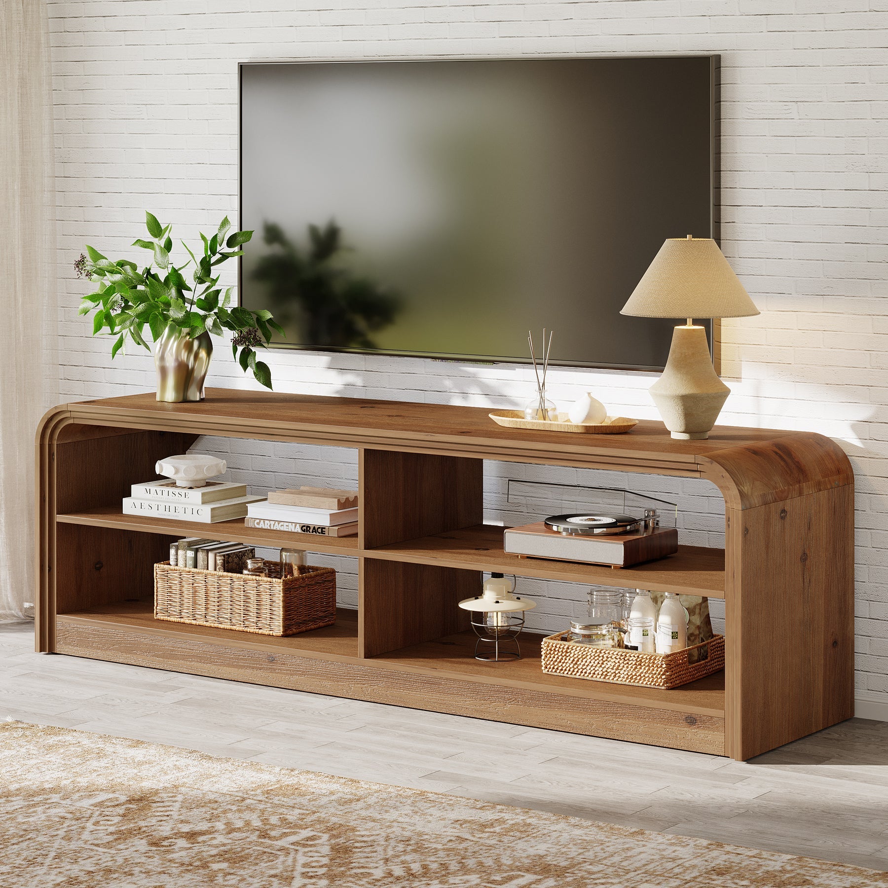 Solid Wood TV Stand, 63" TV Console Table with Storage for 55/60/65/75-Inch TVs