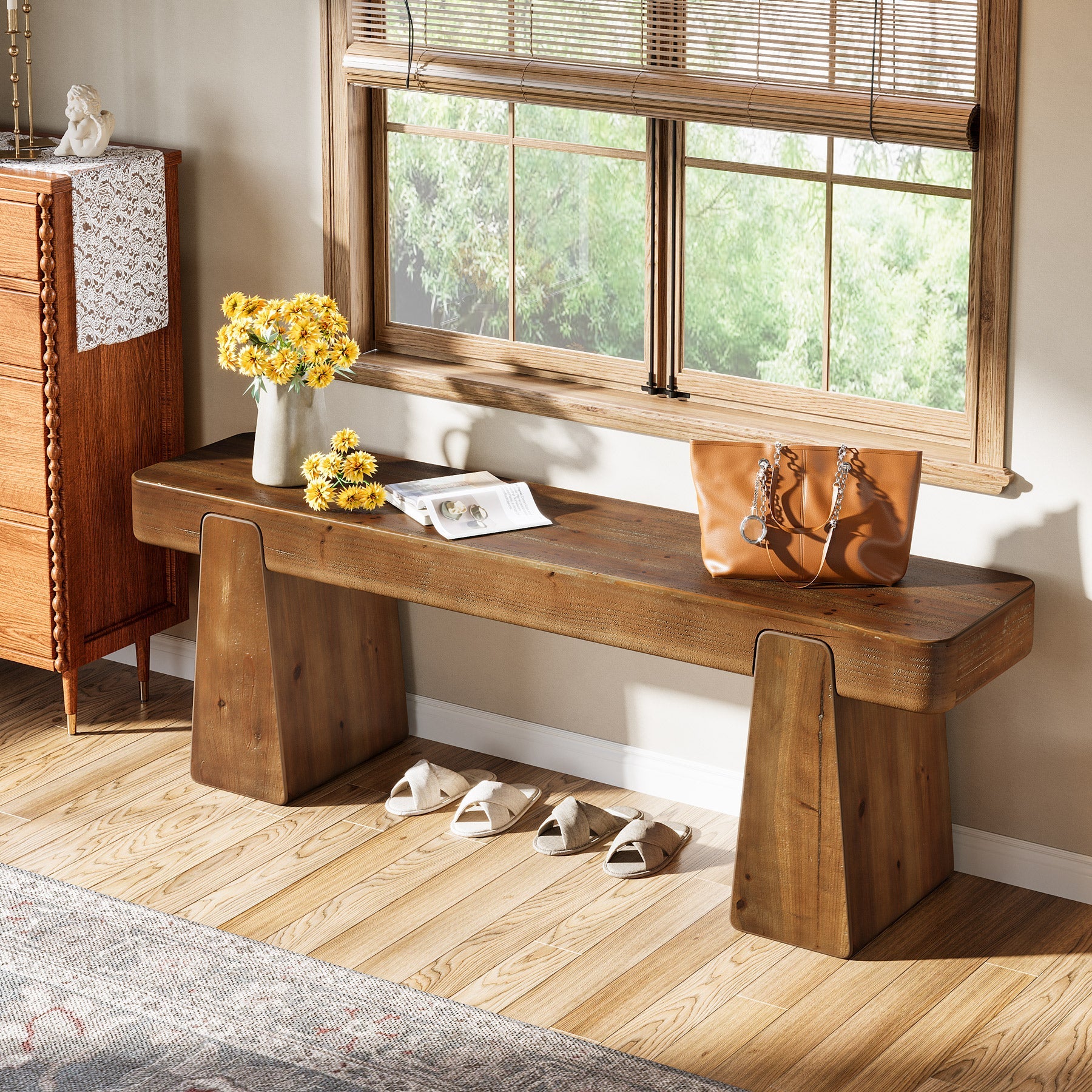 47" Solid Wood Entryway Bench, Farmhouse Shoe Bench with Thickened Legs