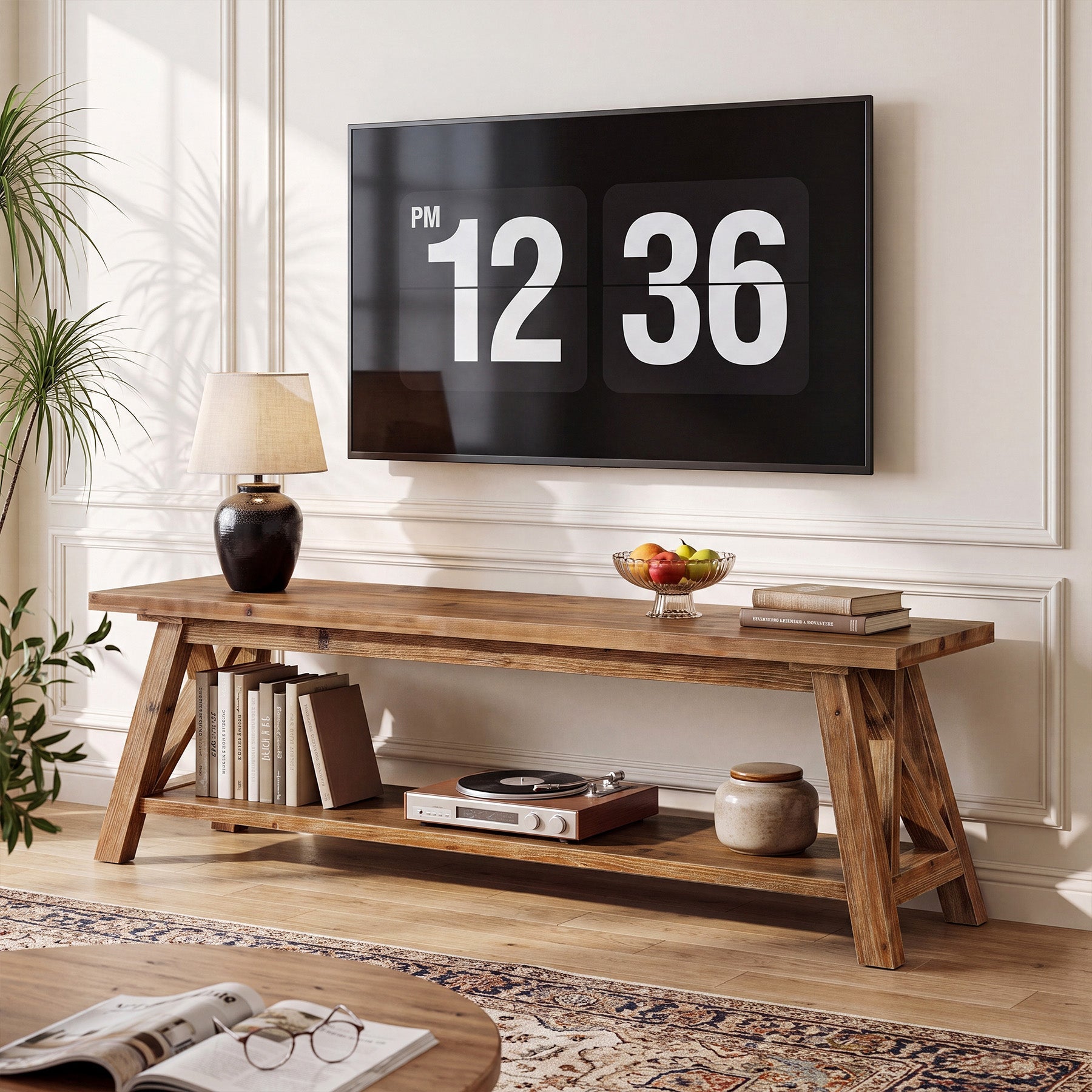 55" Solid Wood TV Stand, Farmhouse Entertainment Center for 55/60/65-Inch TVs