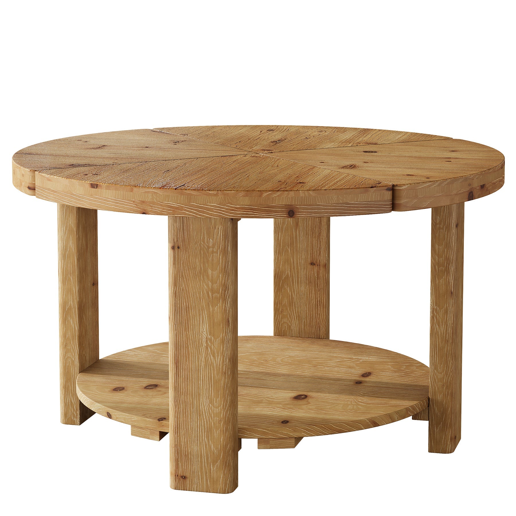 31.5" Solid Wood Coffee Table, Round Center Table with 2-Tier Storage