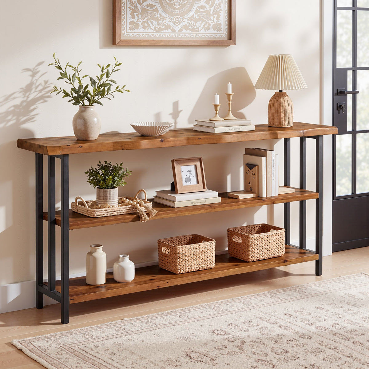 63" Live Edge Console Table, Farmhouse Solid Wood 3-Tier Shelves