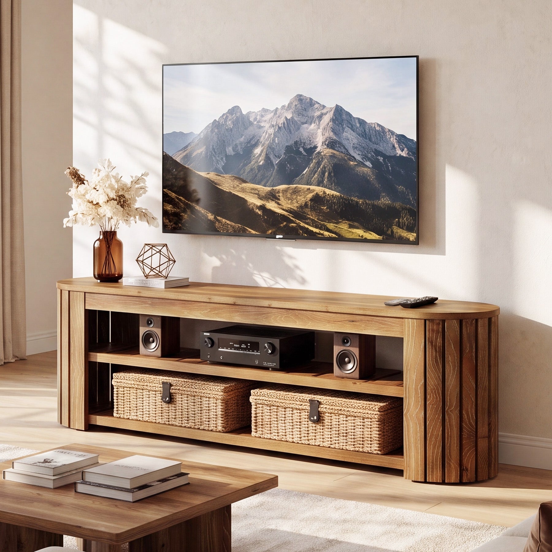 63" Solid Wood TV Stand, Entertainment Center with 2-Tier Shelves for 55/60/65/70-Inch TVs