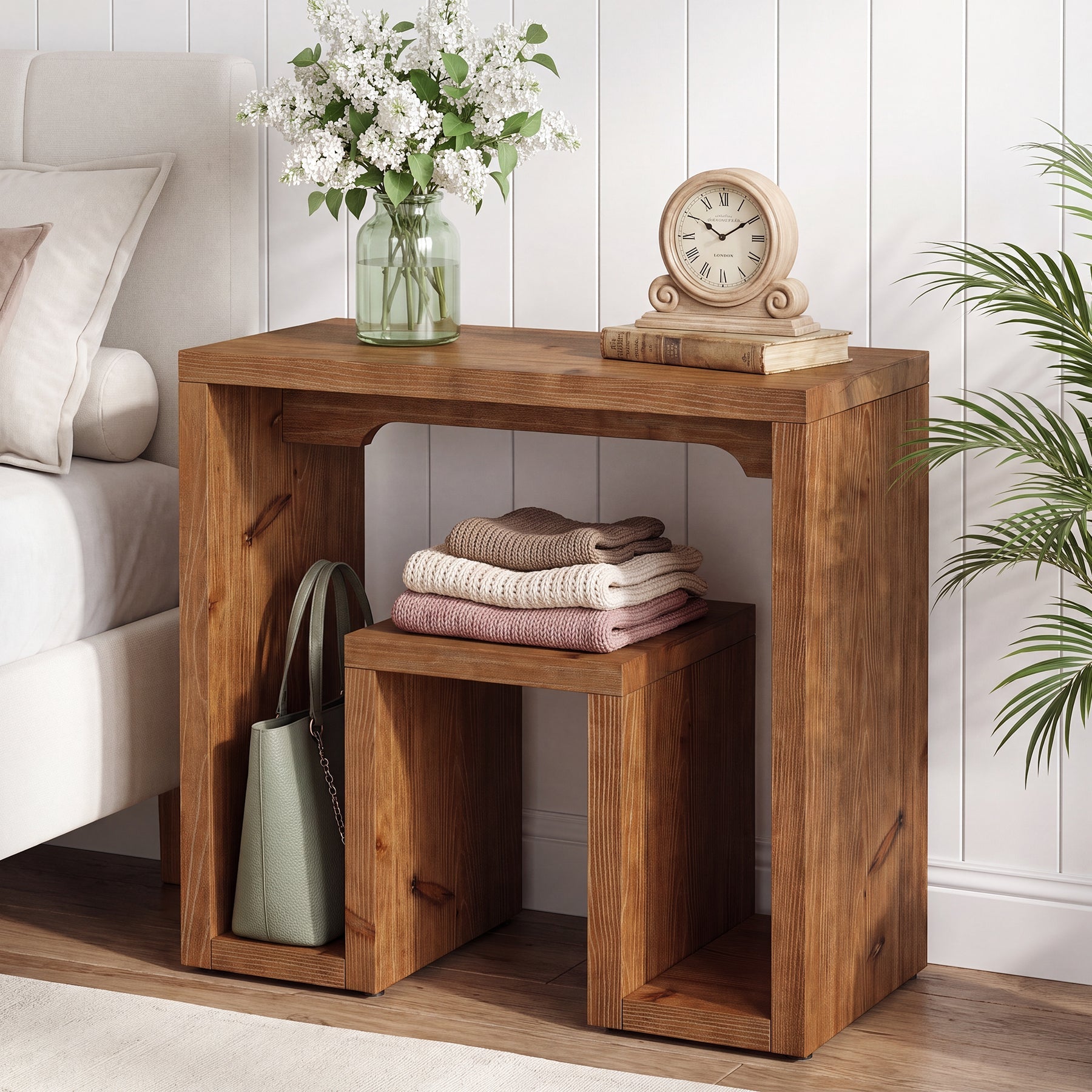 Solid Fir Wood End Table, U-Shaped Farmhouse Side Table Accent Table for Living Room