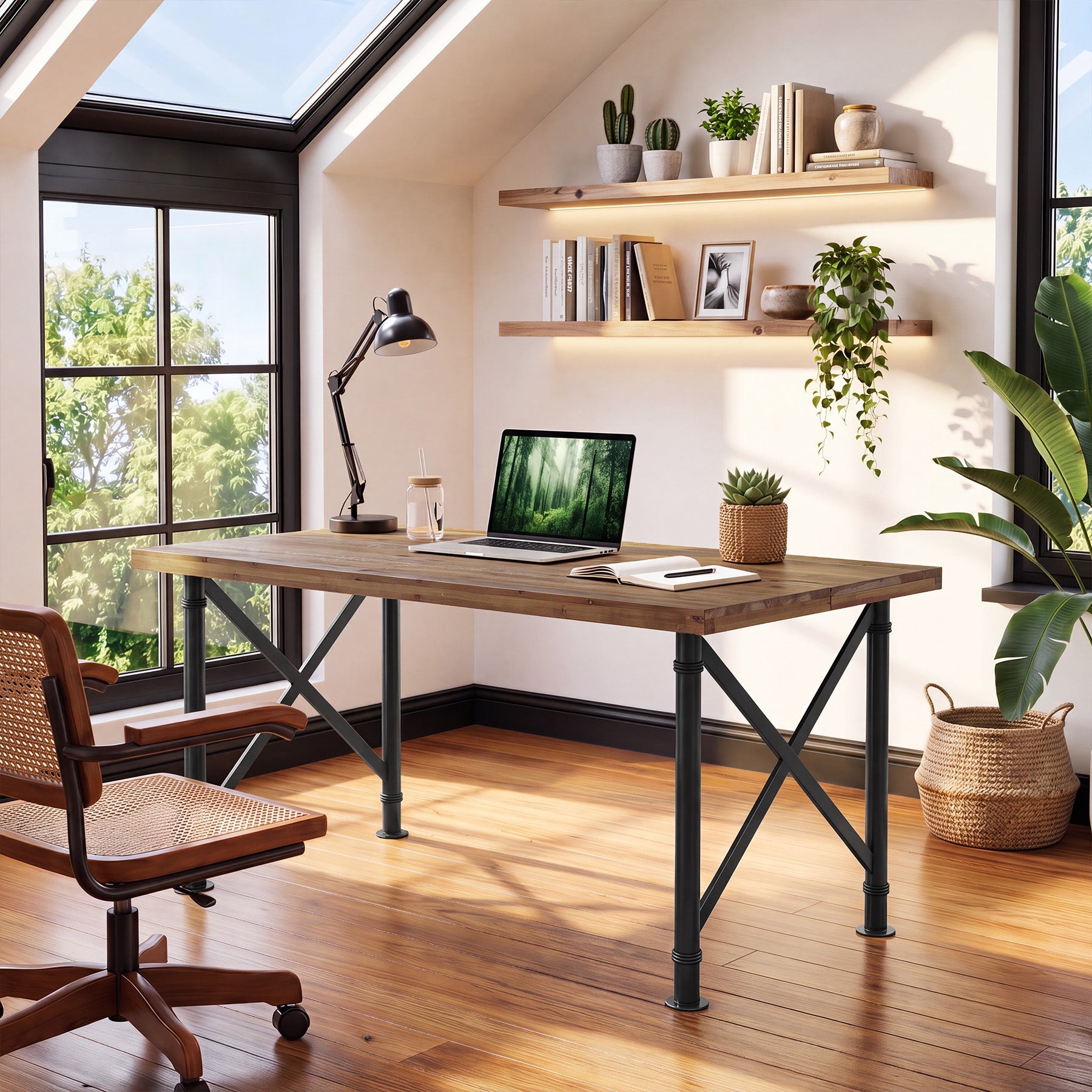 63" Solid Wood Executive Desk, Industrial Home Office Computer Desk