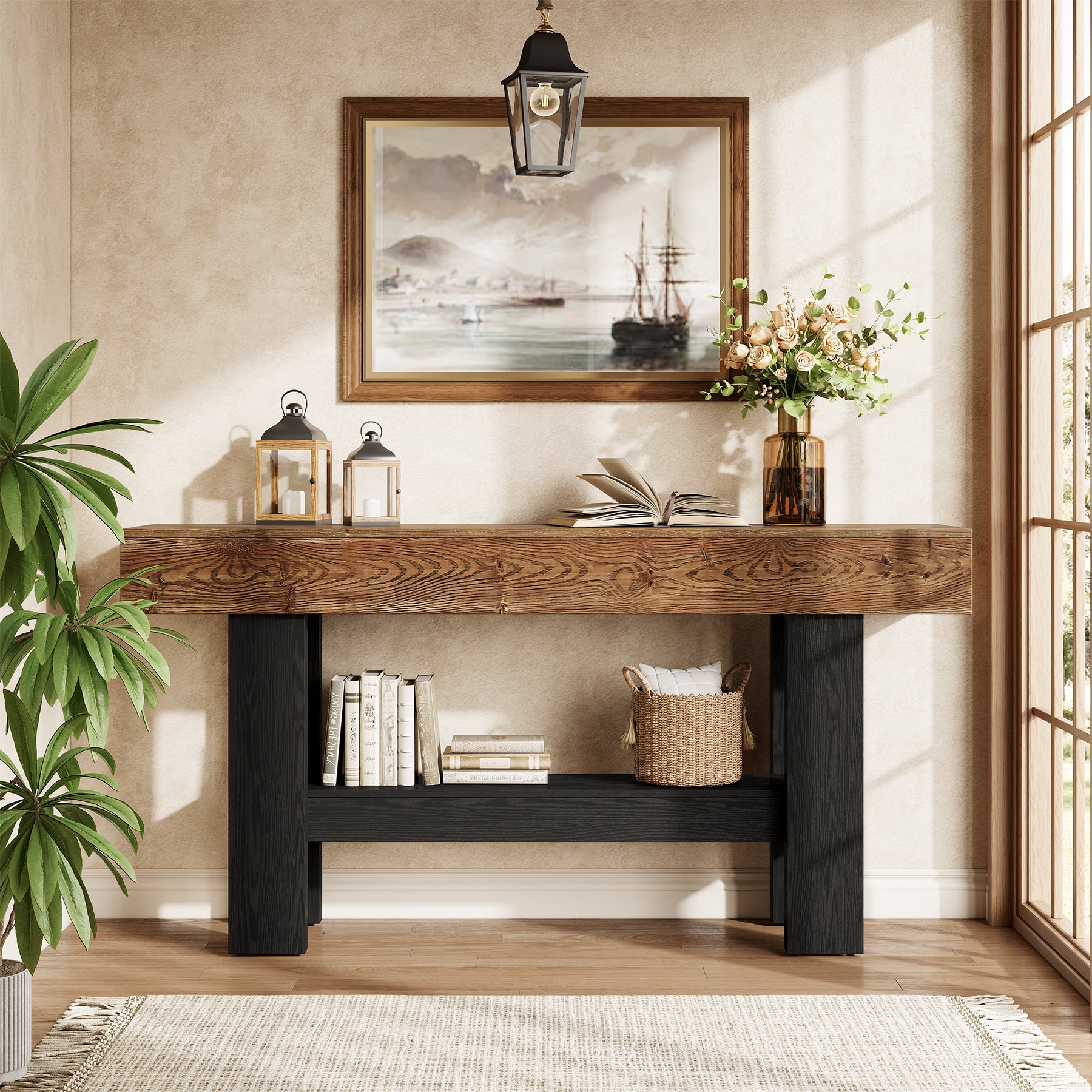 63" Solid Wood Console Table, Narrow Sofa Table with Storage Shelf