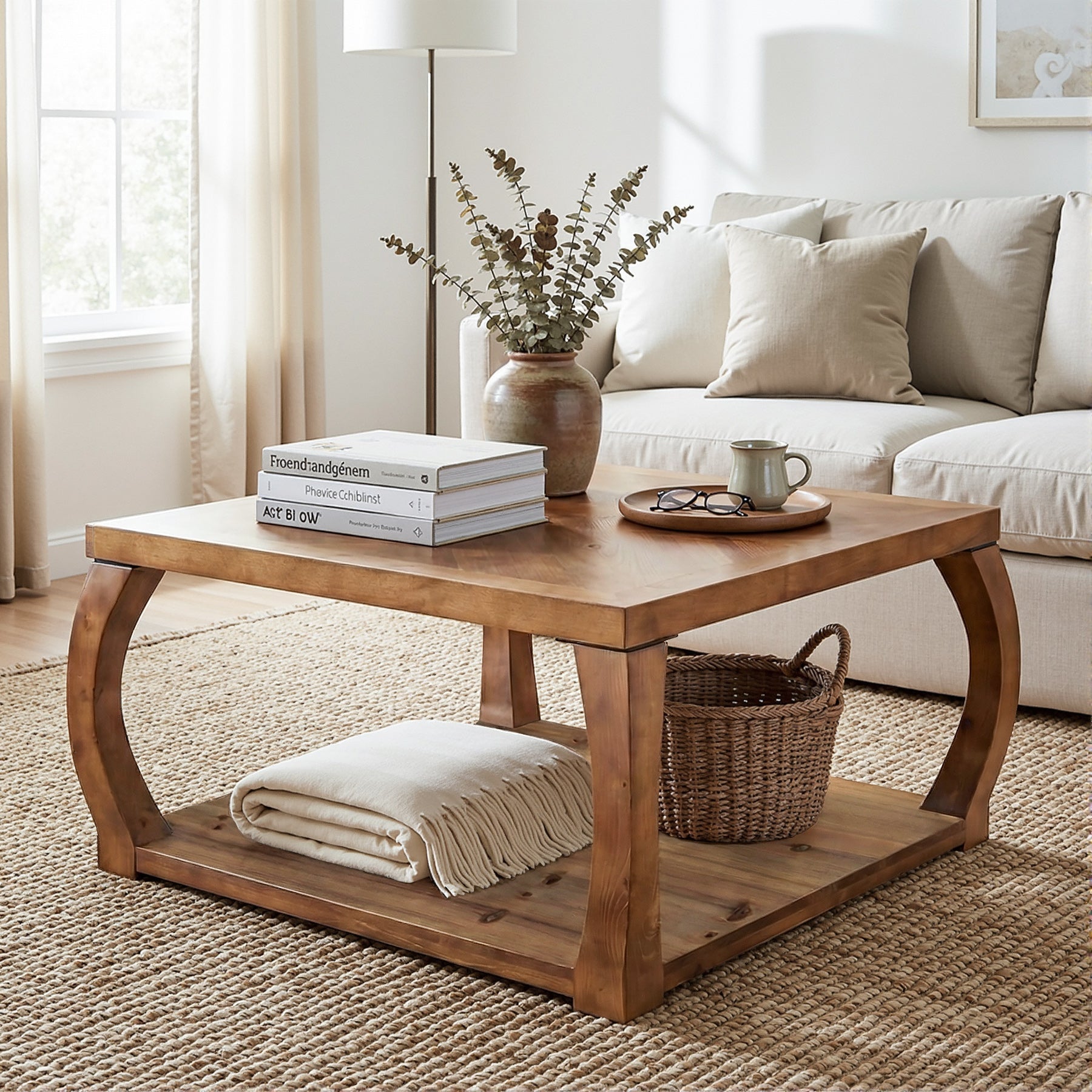Square Solid Wood Coffee Table, 31.5" Center Table With Storage