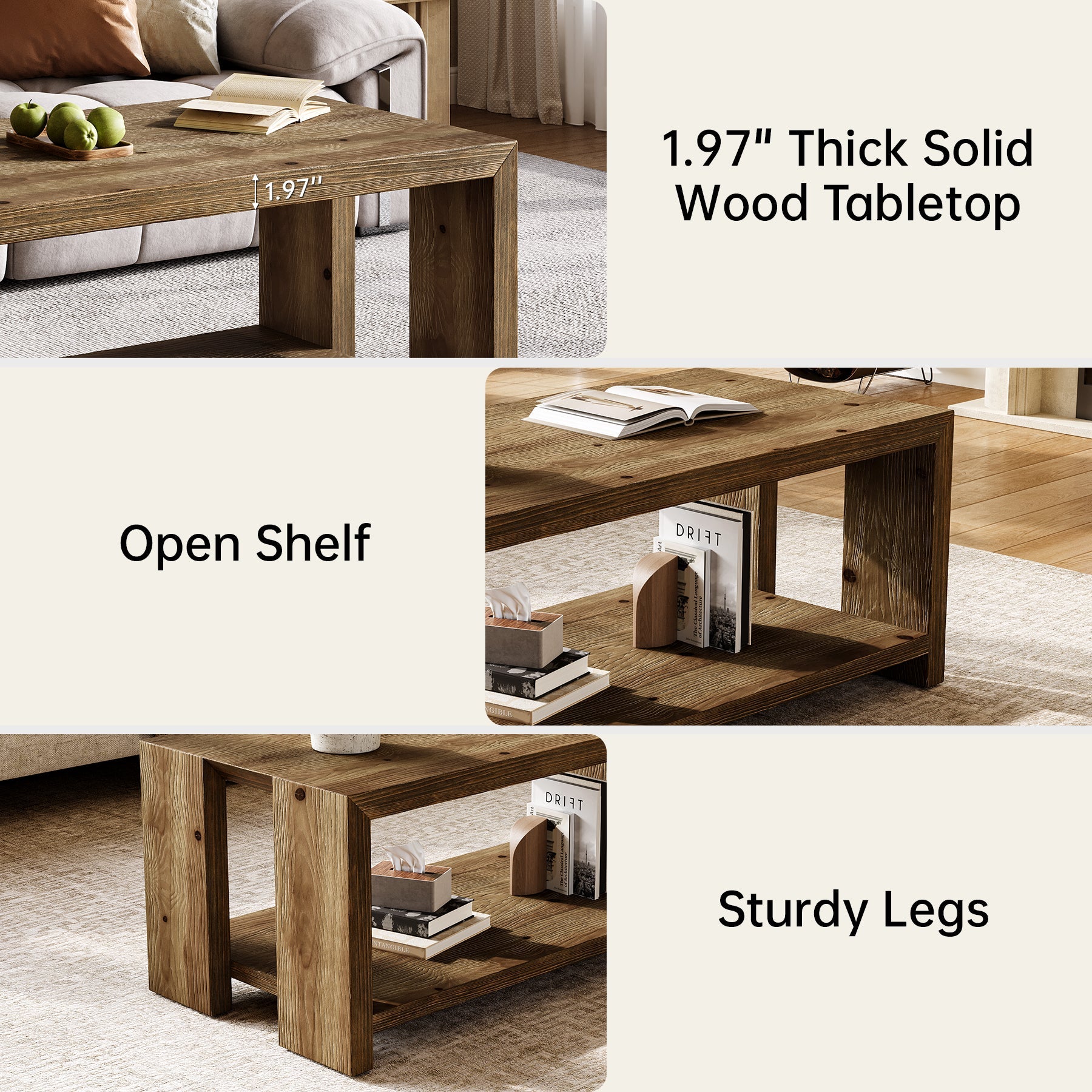 Solid Wood Coffee Table, 47.24" Accent Center Tea Table with Storage