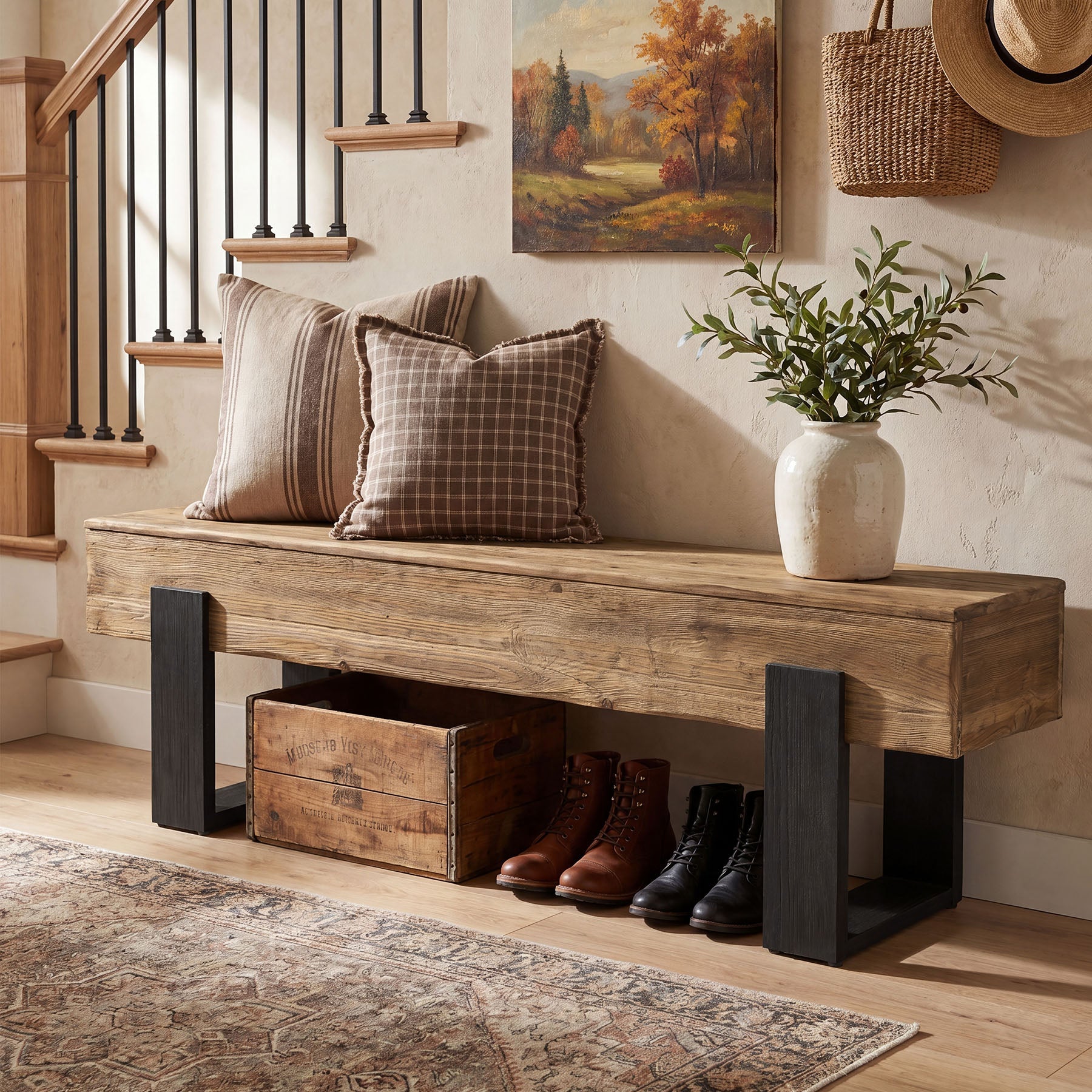 63" Solid Wood Entryway Bench, Farmhouse Indoor Shoe Bench End of Bed Bench