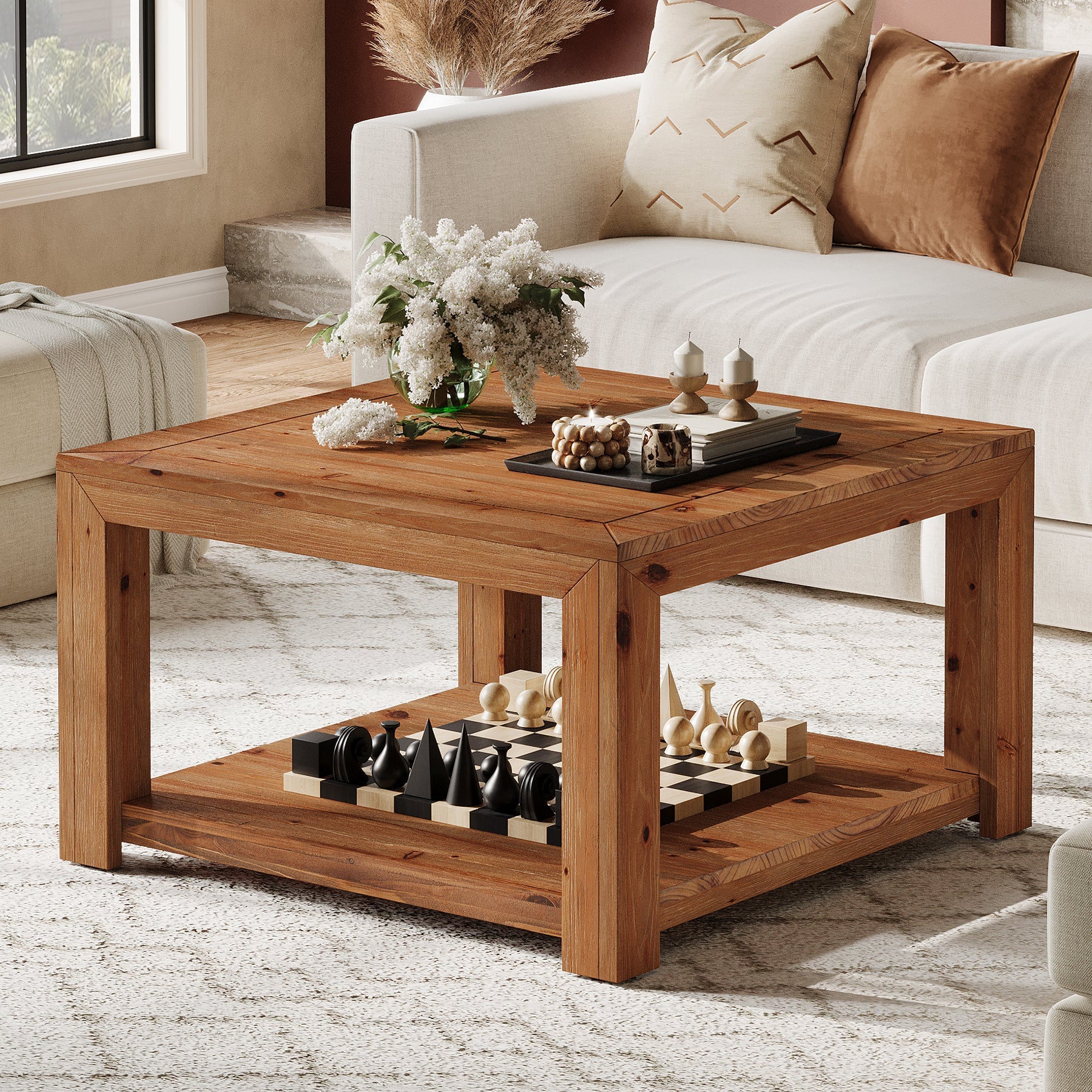 31.5" Solid Wood Coffee Table, Square Center Table with 2-Tier Open Shelf