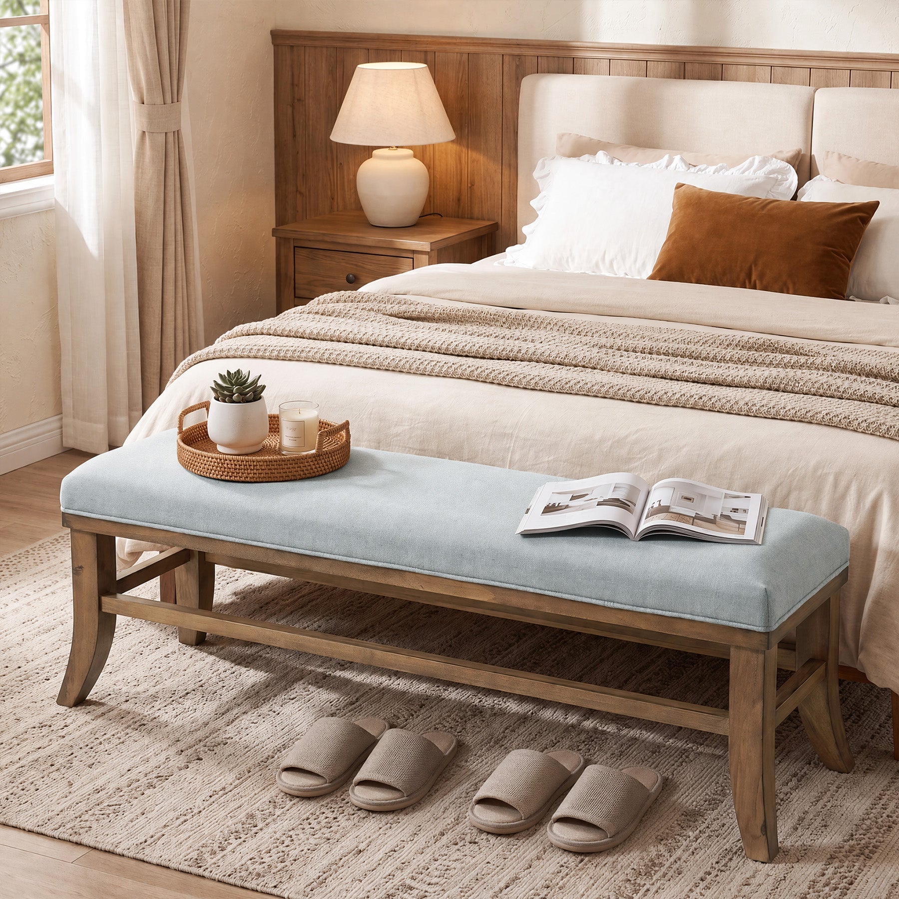 55" Upholstered Entryway Bench, Solid Wood Linen Bedroom Bench for Hallway